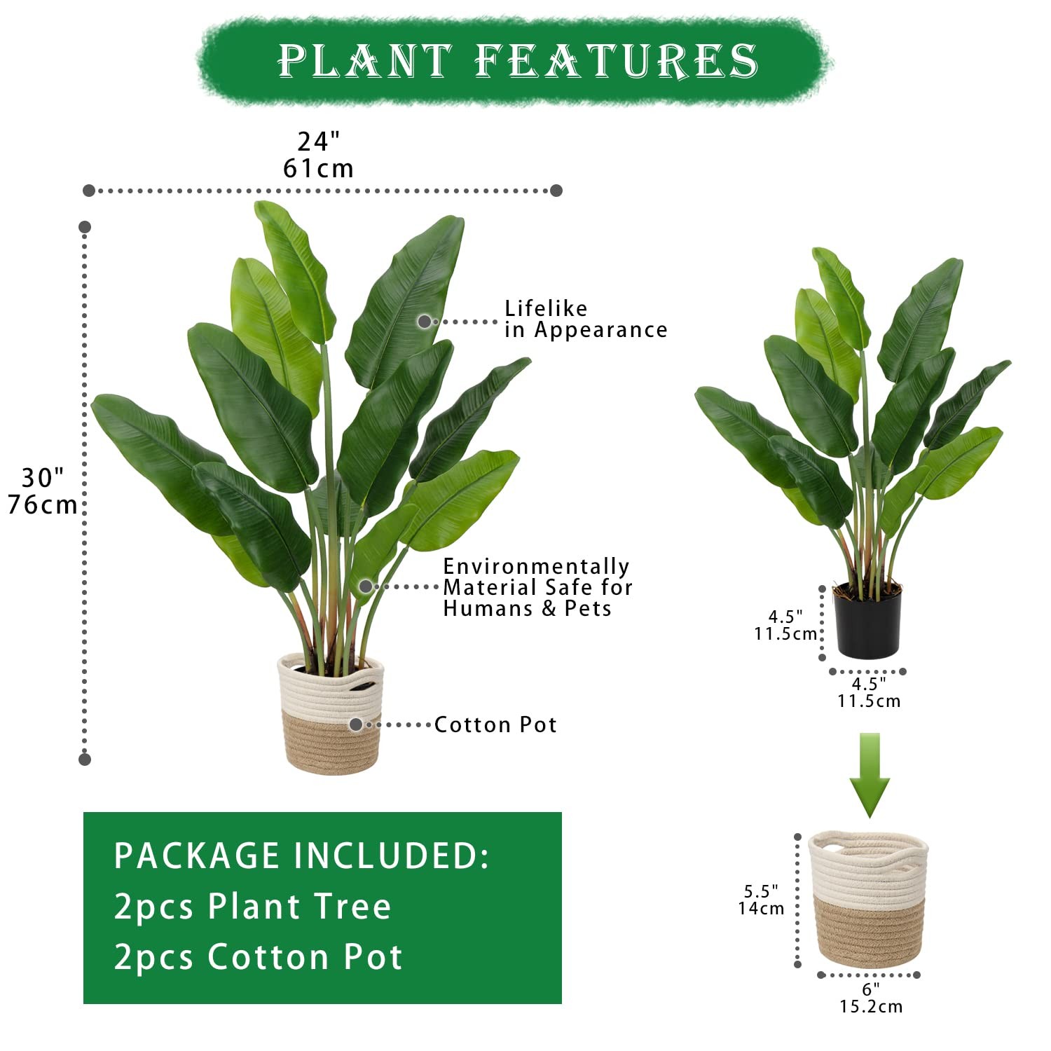 2pcs Large Artificial Bird of Paradise Plant in Pot, 30″ Fake Palm Tropical F…