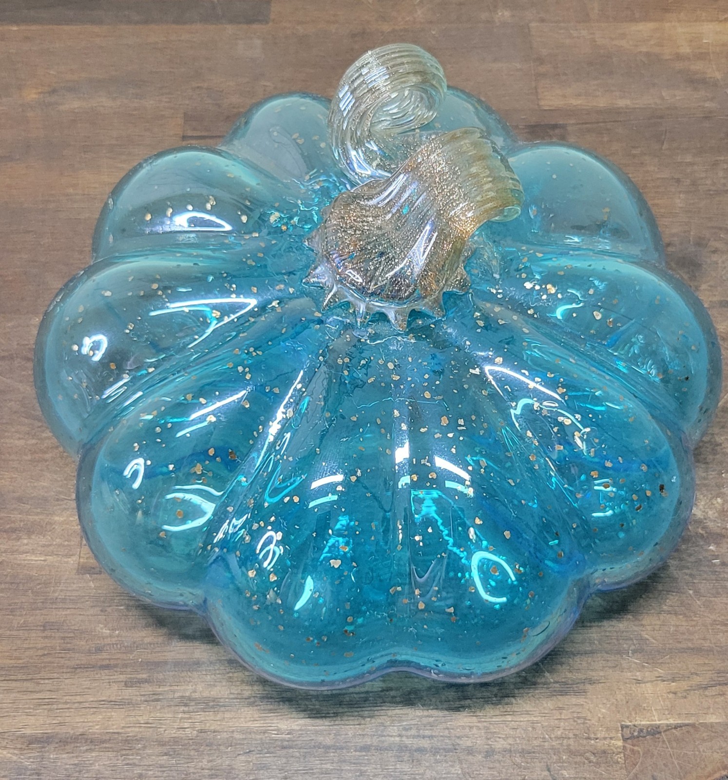 Glitzhome Blue Art Glass Pumpkin Metallic Stem Accent Fairy Fall Decor Gourd 8″