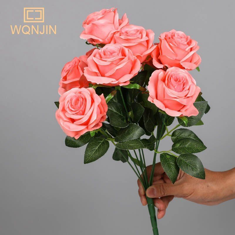 9 Artificial Rose Heads Big Bouquet Silk Flower Bunch – DIY Wedding Party Decor