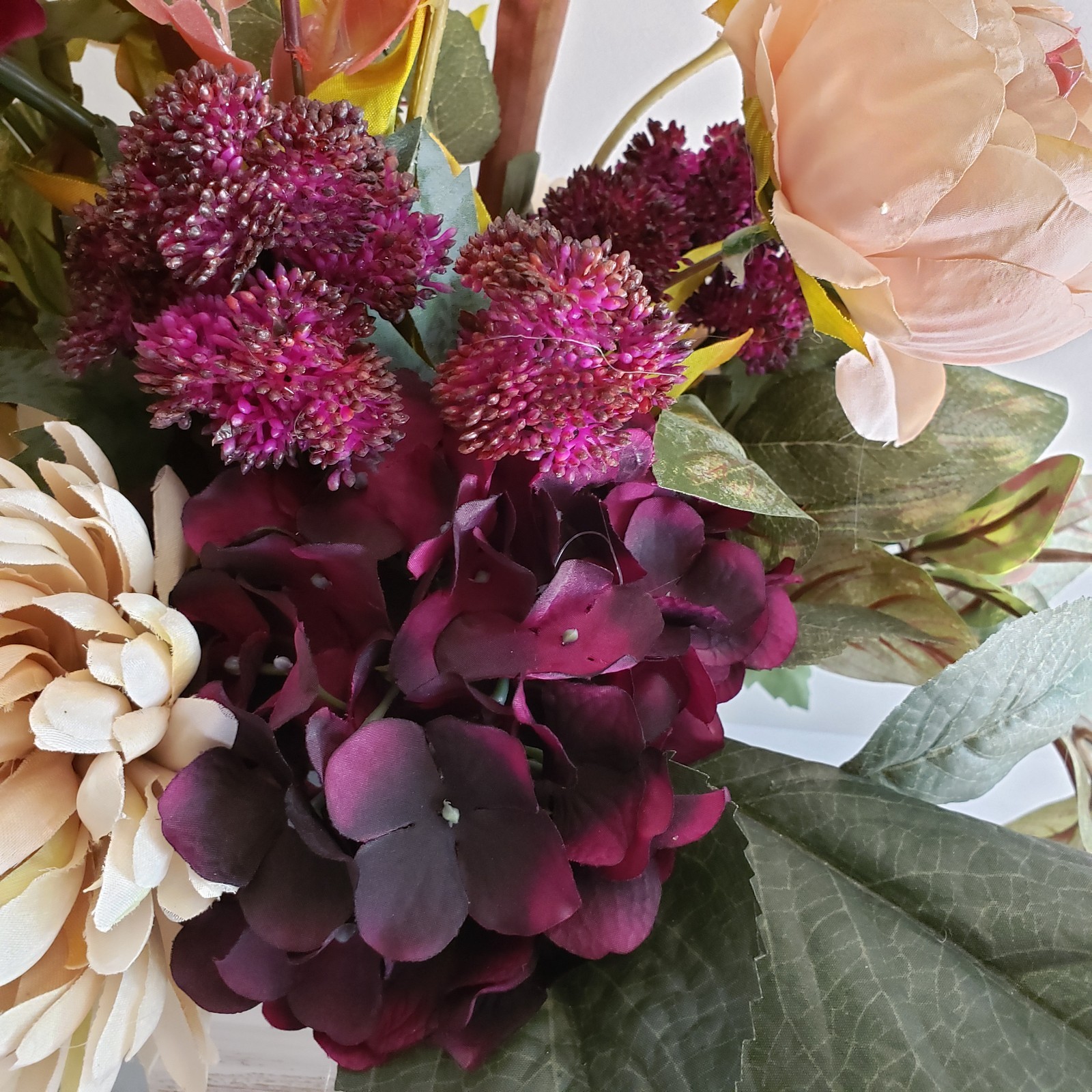 Handmade Silk Flower Centerpiece, Deep Purple Hydrangea, Blush Rose & Mum