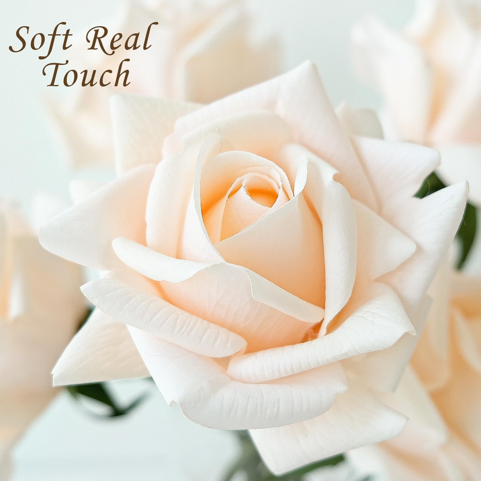 JINWOE 10pcs Cream Real Touch Roses Flowers, Lifelike Full Bridal Bouquet