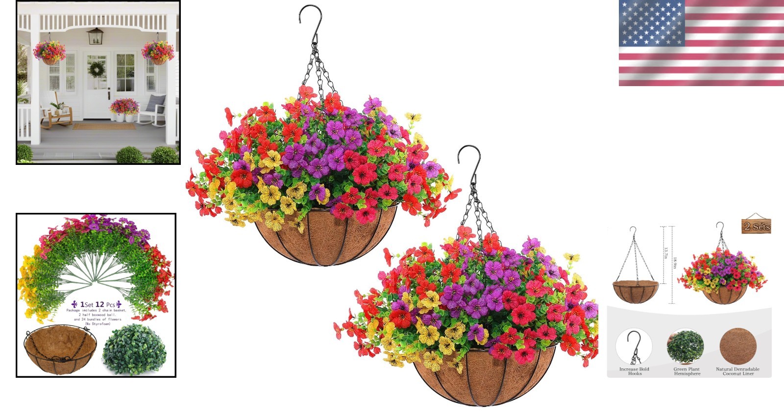 Realistic Silk Daisy Flowers in 2 Hanging Planters – 24 Pcs