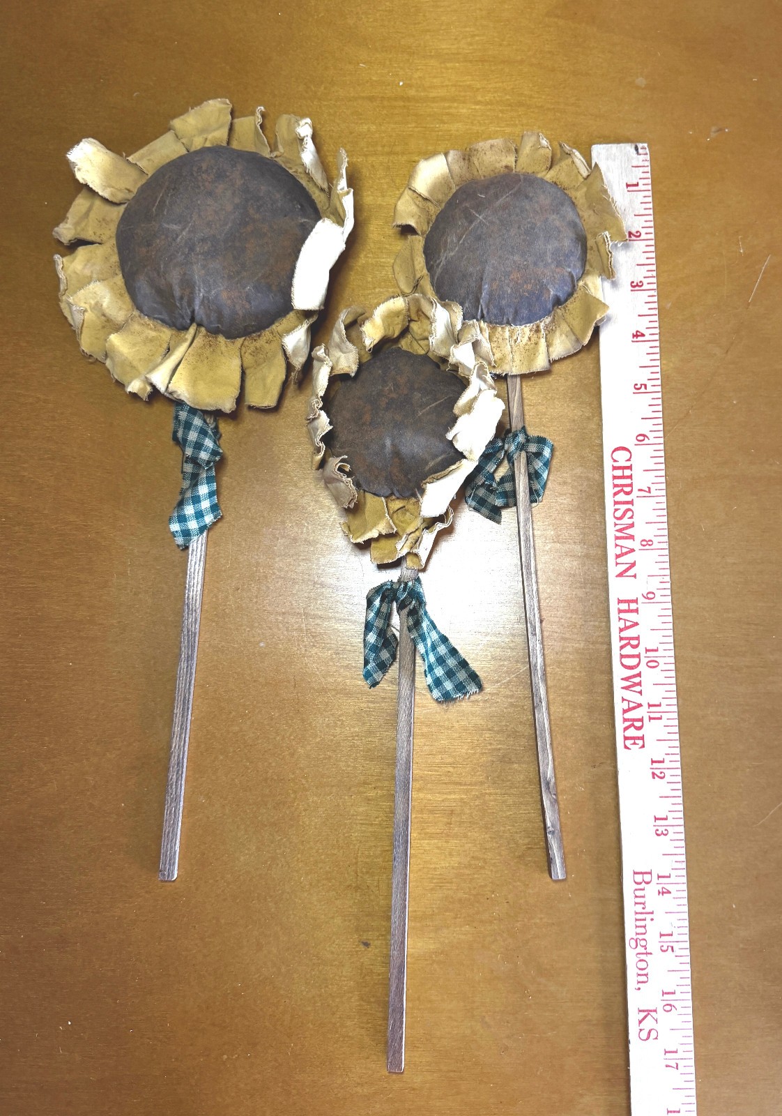 Set of 3 Primitive Handmade Fabric Sunflower Crock Pokes Fall Arrangements 17″