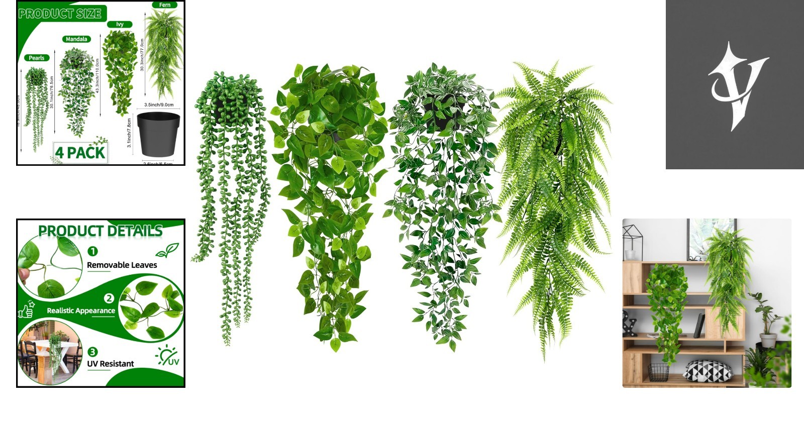 Stylish 4 Pack Fake Potted Plants – Mandala Vine & Pearl String for Home Decor