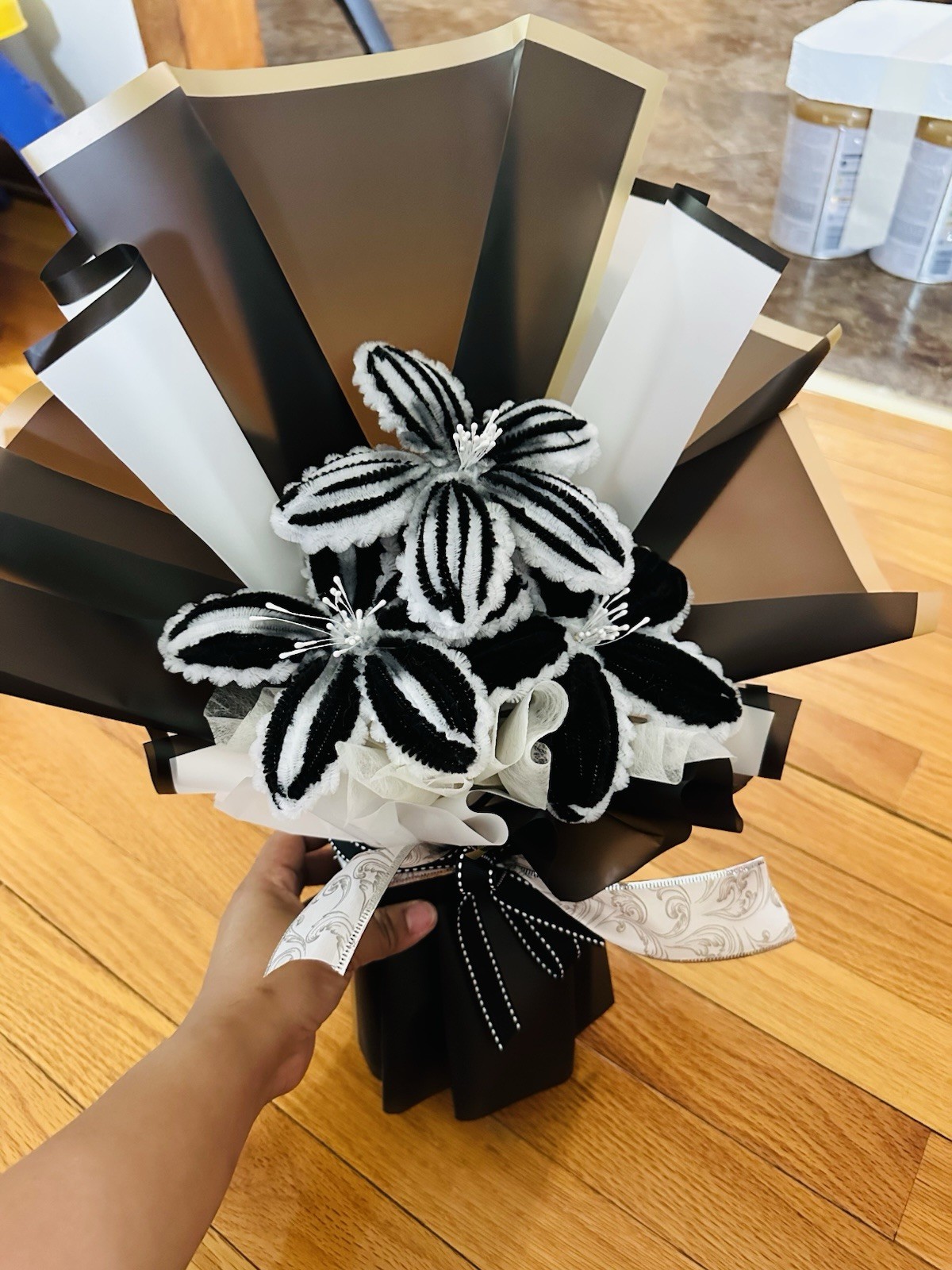 Fuzzy Wire Flower Bouquet, With 3 Flowers Of Your Color Choice