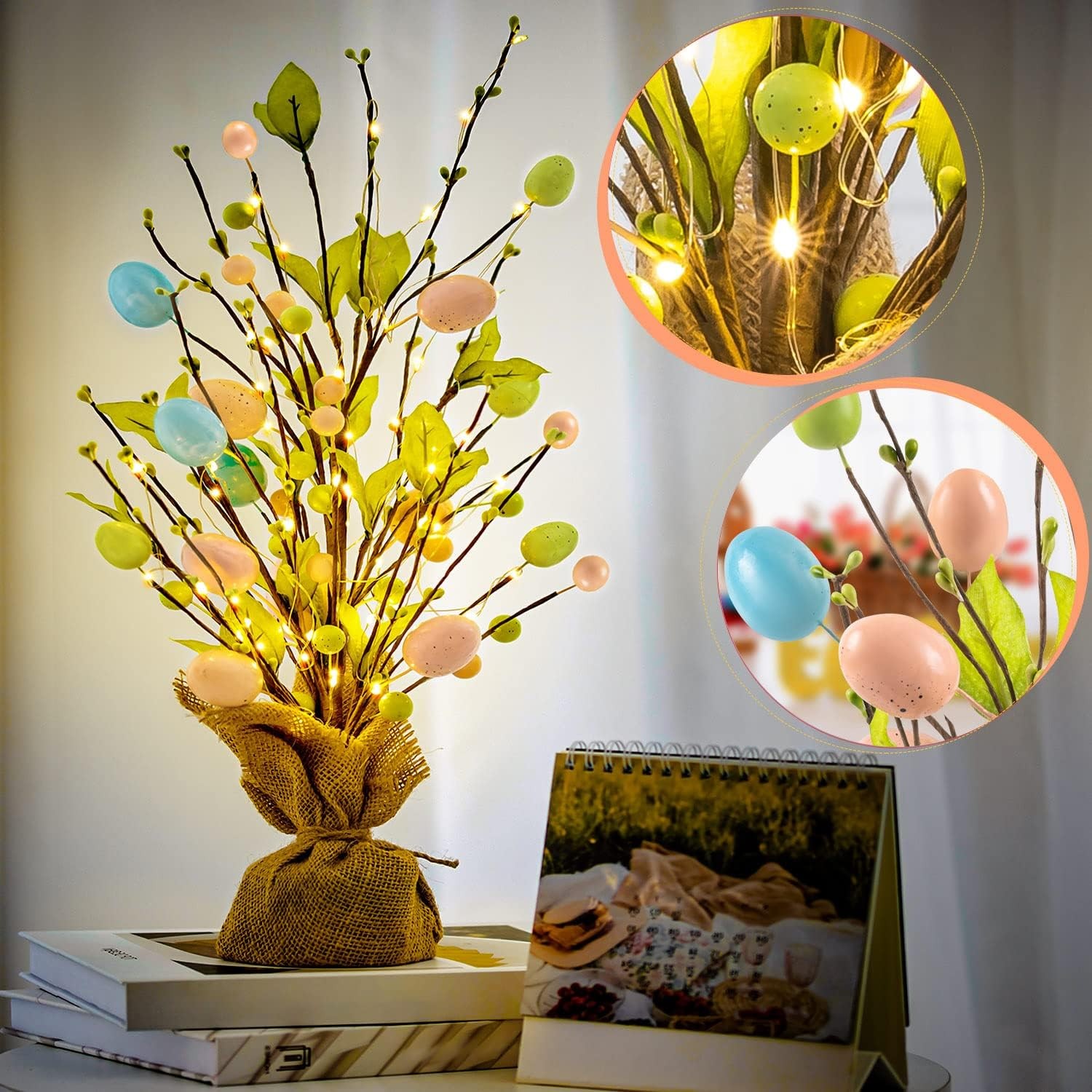 Easter Egg Table Tree Decor 18 Inch Pearl Tree With Hanging String Lights