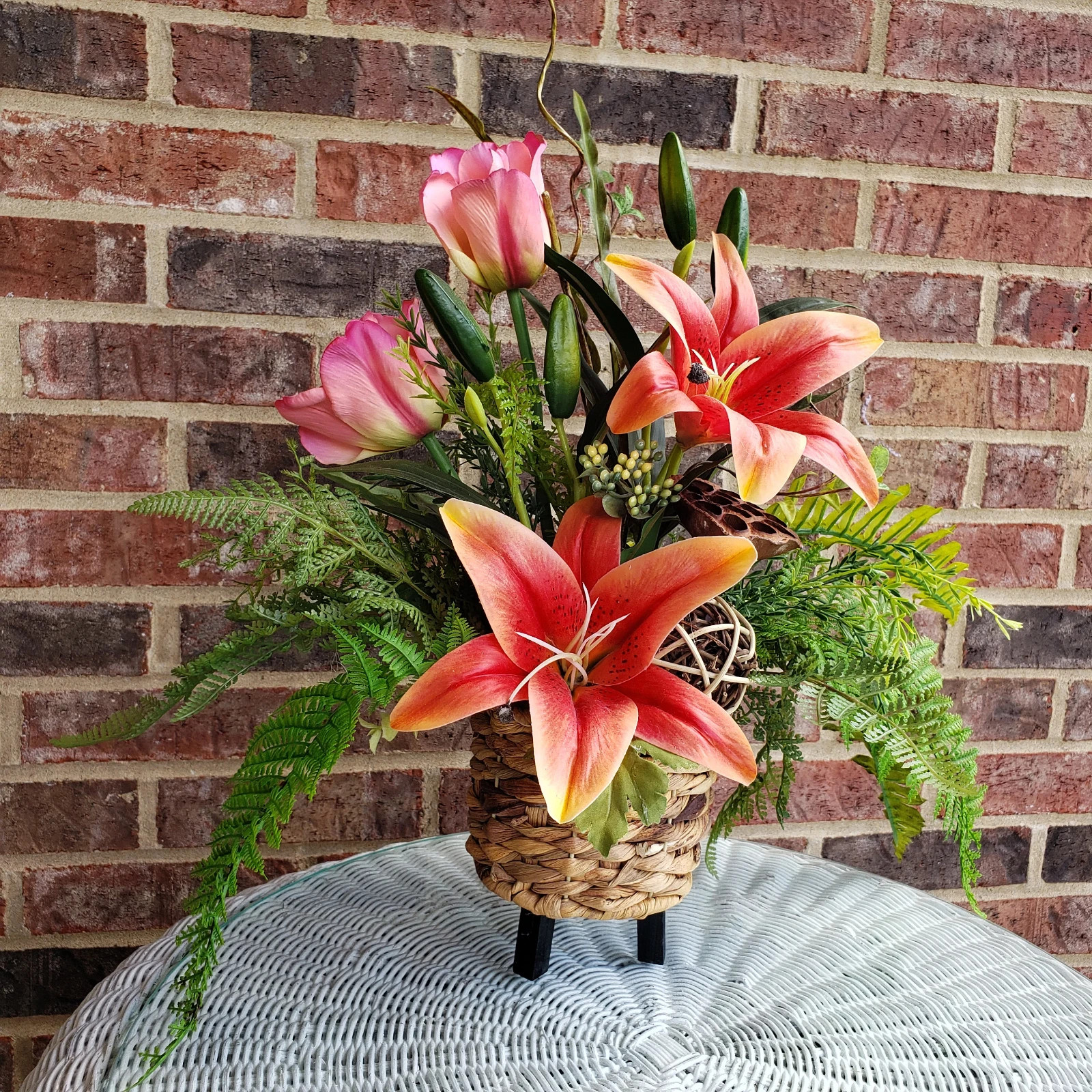Orange Lily & Pink Tulip Arrangement: Spring Basket Floral, Silk Floral Decor