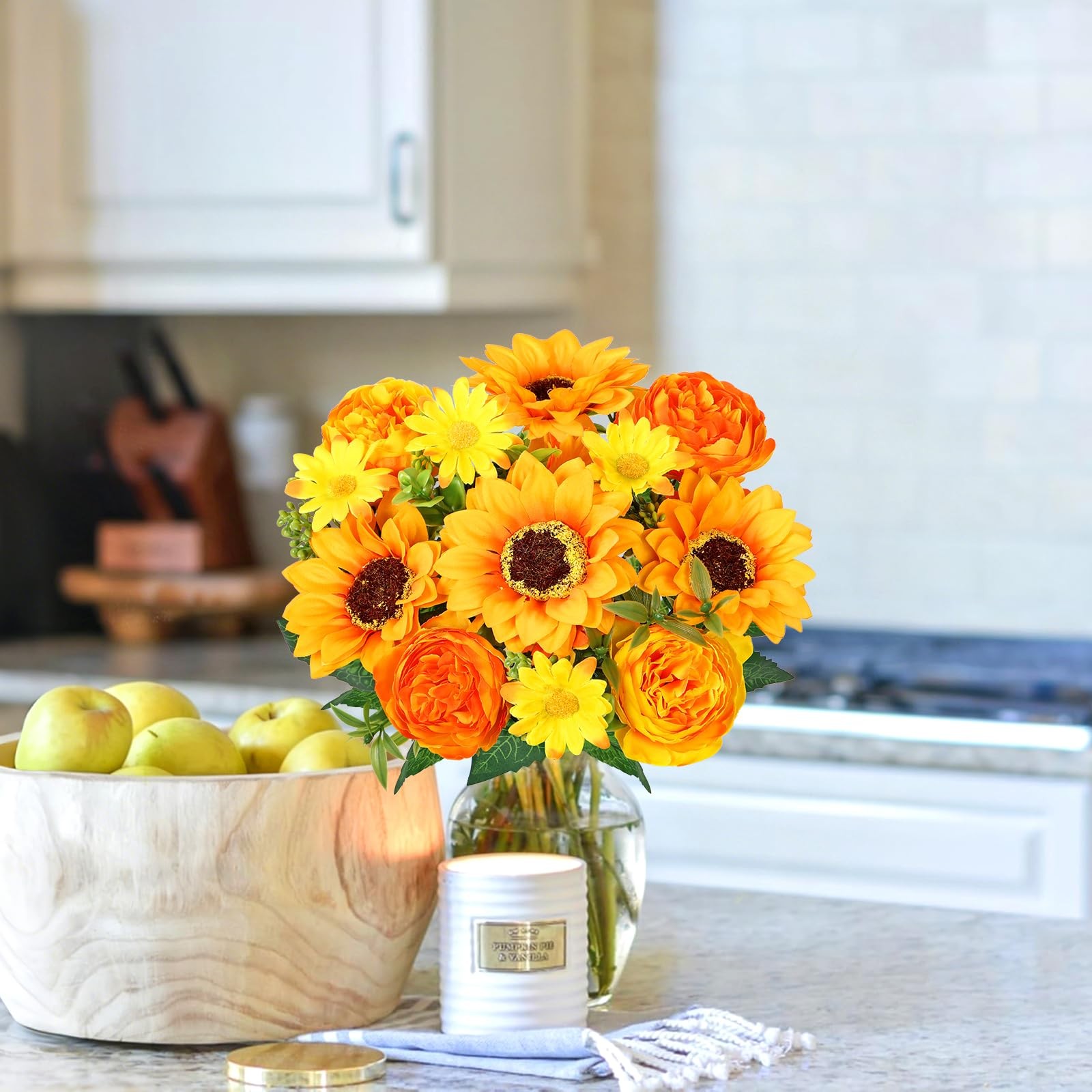 2 PCS Artificial Sunflower Peony Fake Flower Arrangement Vase Bouquet