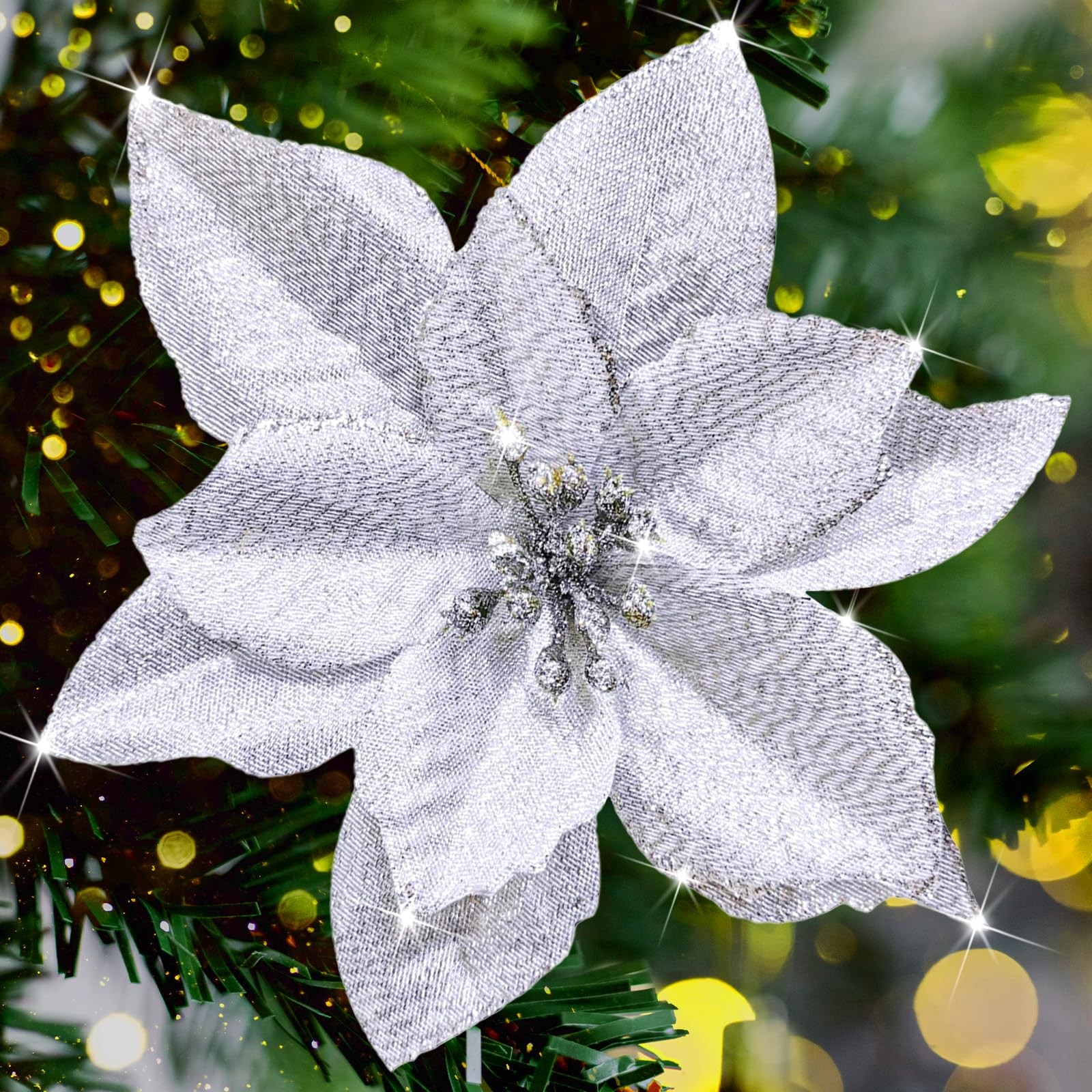12Pcs Poinsettia Flower Artificial Poinsettia with Stem Christmas Decor Glitt…