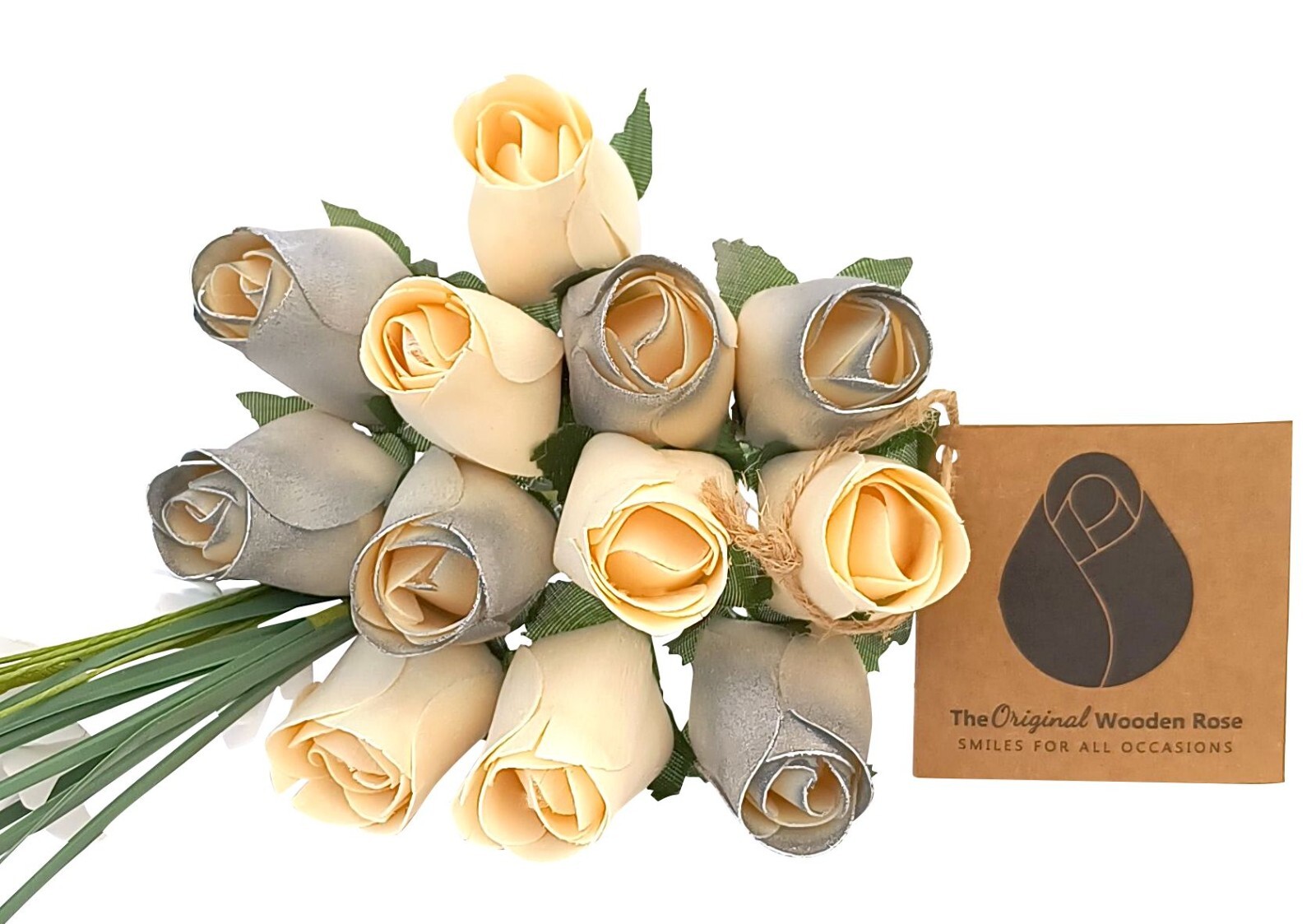 25 Year Anniversary Silver and White Bouquet. The Original Wooden Rose 1,2,3 Doz