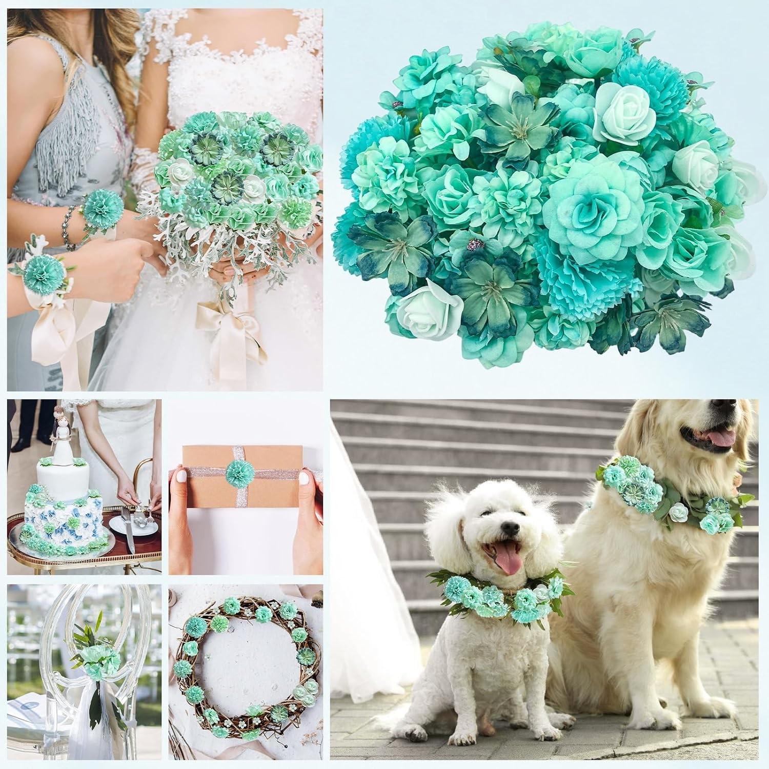 70 pcs Mini Artificial Flowers Heads Mint Green Silk Peony Daisy Rose Bulk Mix