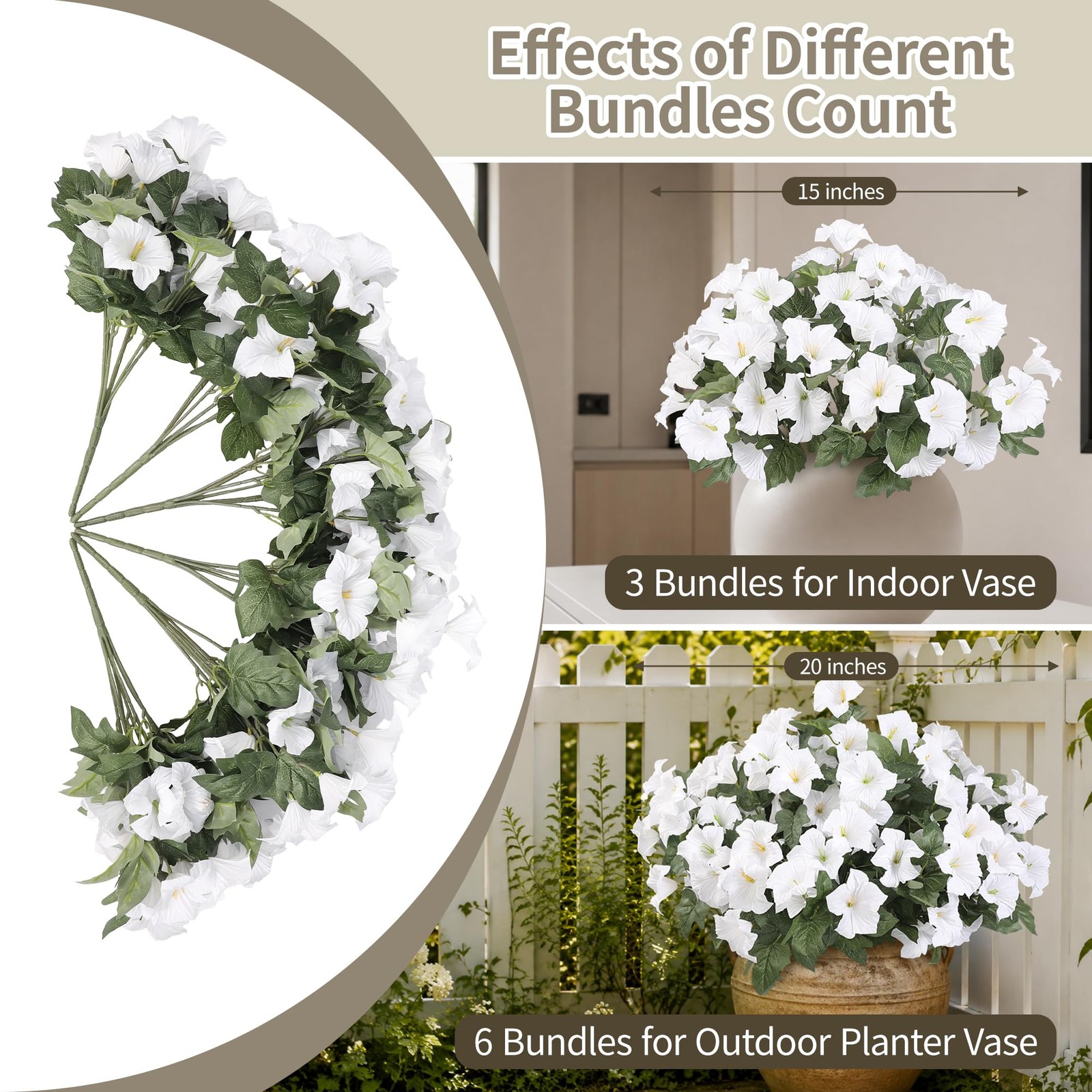 6 Bundles White Flowers Artificial Petunias, Large Headed Faux Petunias UV Re…