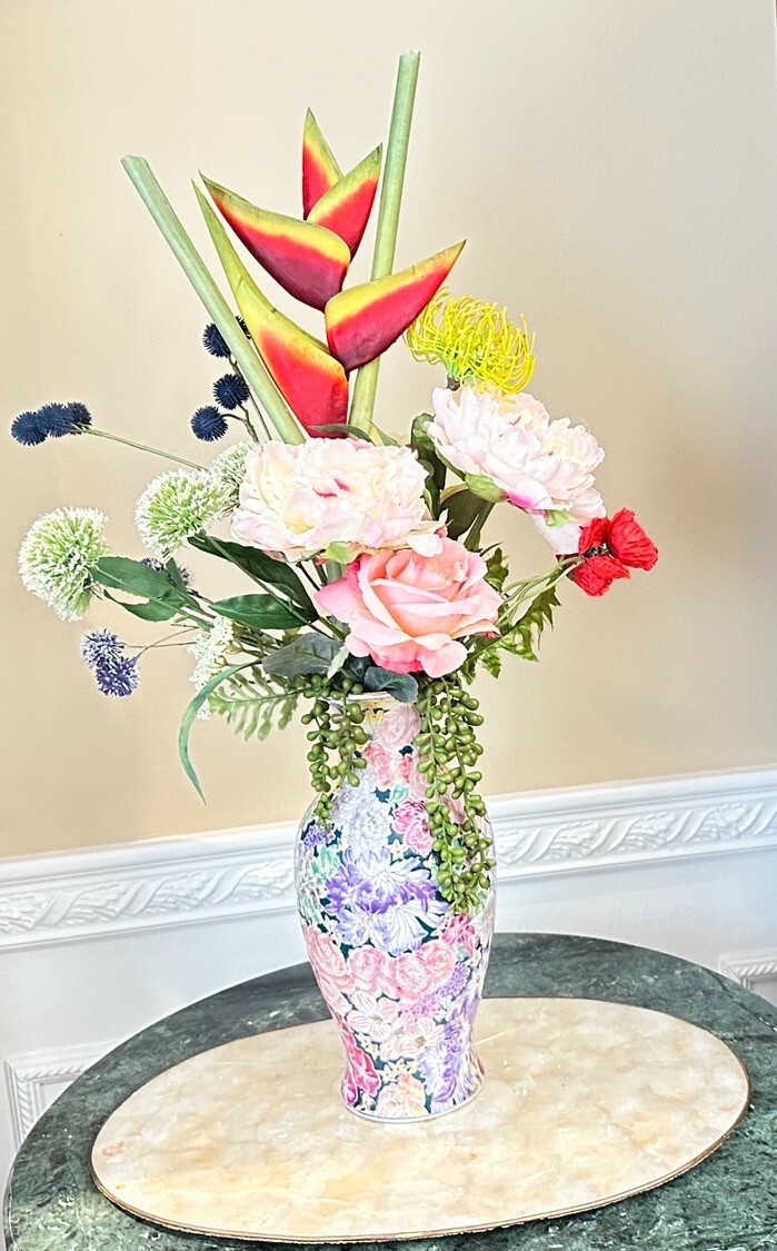 Floral Arrangement Centerpiece Multi-Colored Silk Flowers In Enamel Floral Vase