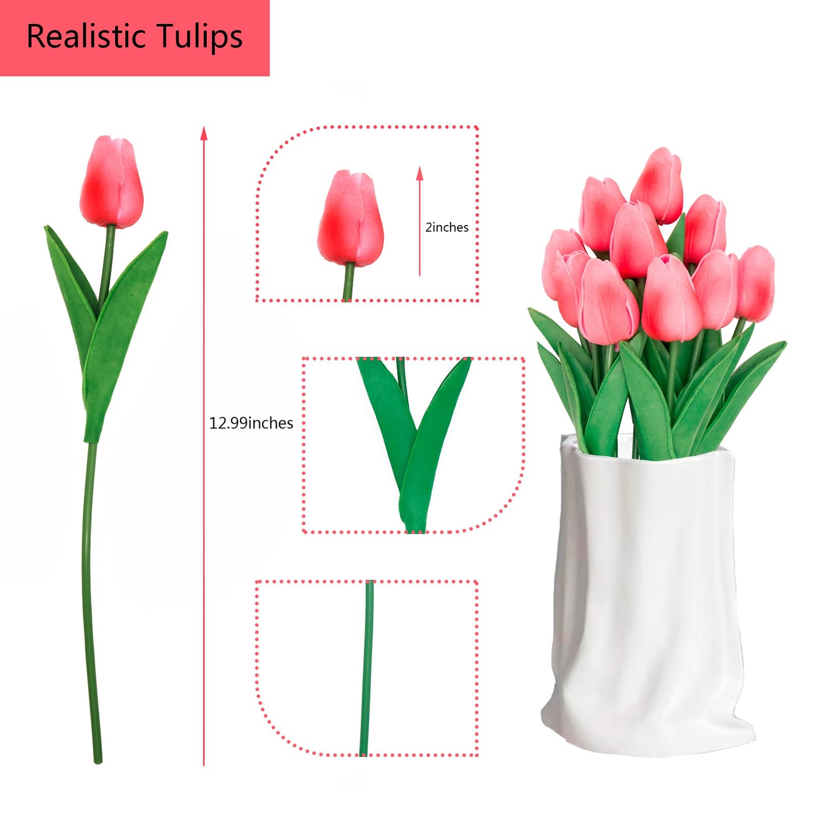 Pink Flowers Fake Tulips Artificial Flowers, 13 Inch Real Touch Tulip PU Flow…
