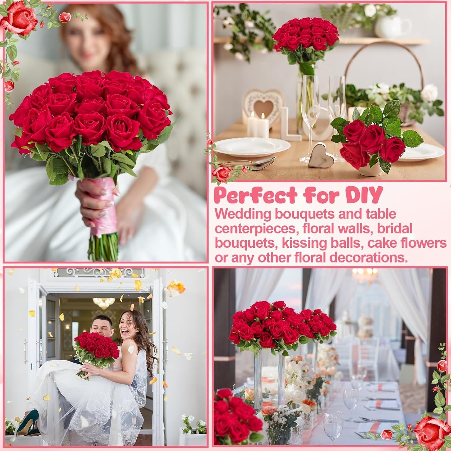 Realistic Red Rose Bouquet 36 Pcs Velvet Silk Flowers for Event Centerpieces