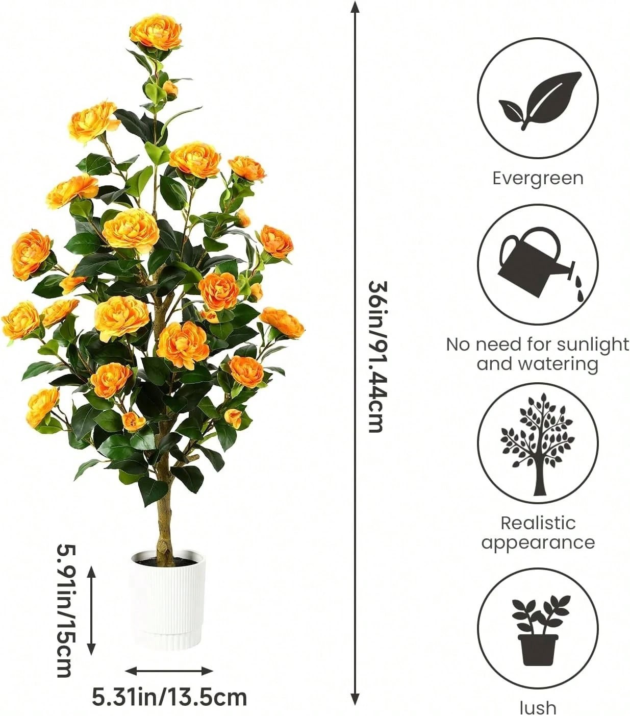 2 Pack Artificial Camellia Trees 3FT/4FT Orange Flowers with Pots