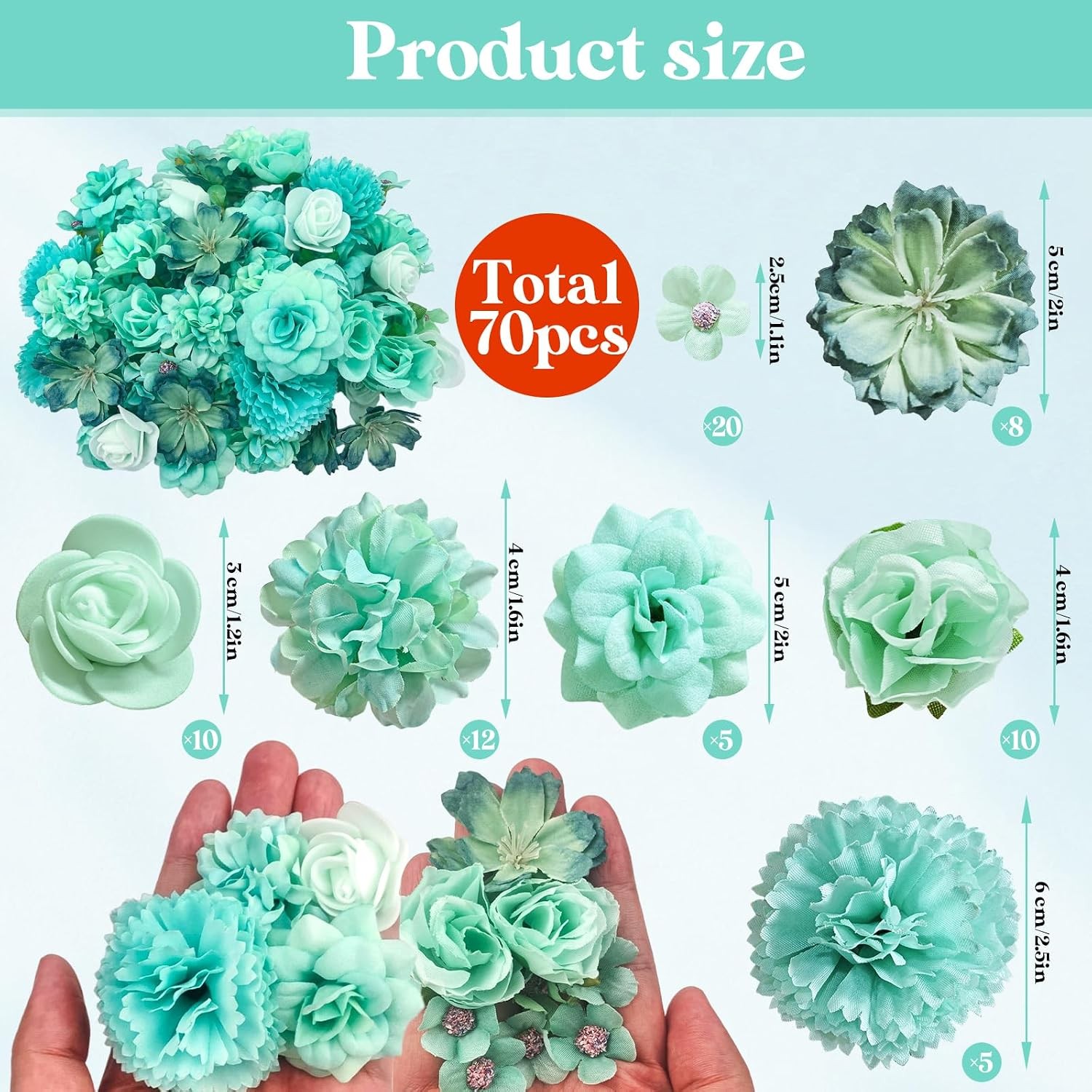 70 pcs Mini Artificial Flowers Heads Mint Green Silk Peony Daisy Rose Bulk Mix