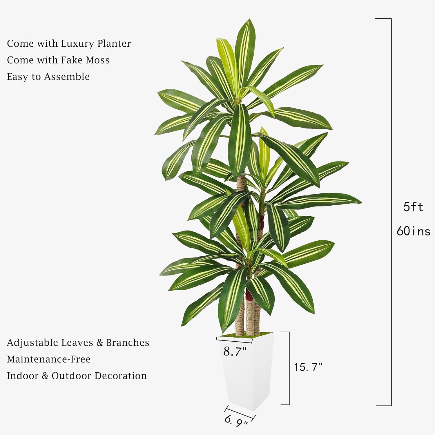 Artificial Dracaena Tree 5ft, Fake Plant with White Tall Planter, Faux Yucca