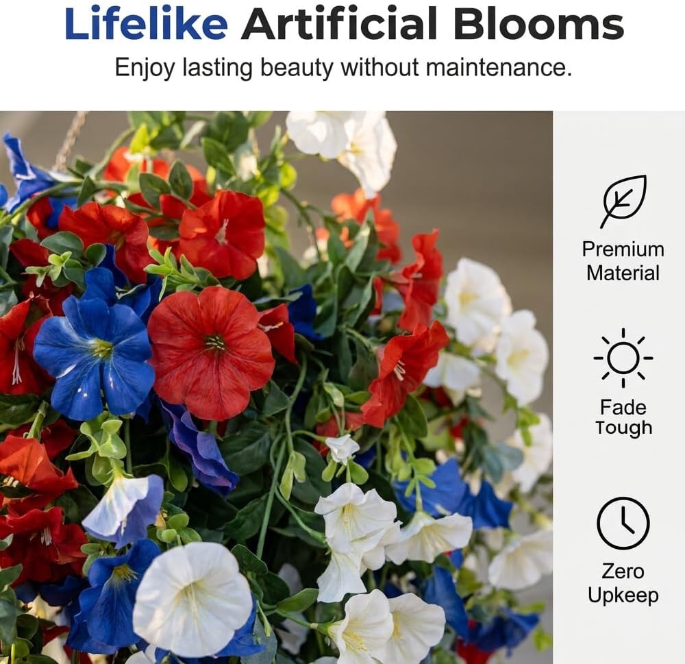 2026 Red White Blue Hanging Flowers Patriotic Faux Basket 4th July Porch Decor
