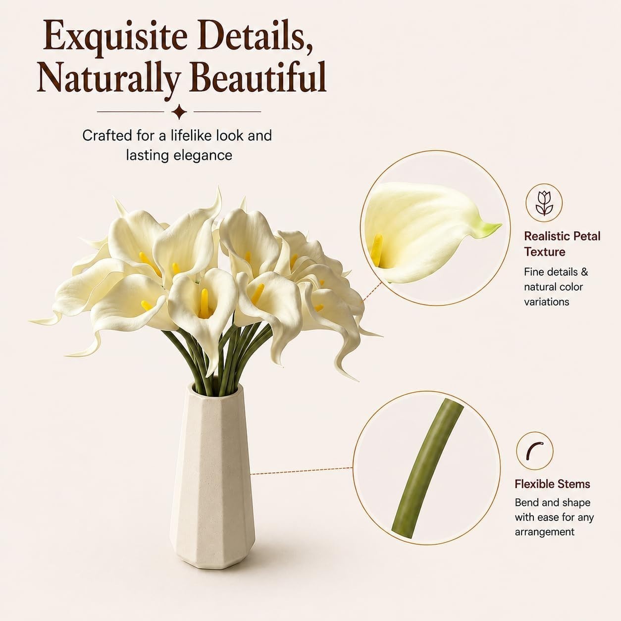 Realistic 20 Cream Calla Lilies – 13.5″ Elegant Floral Bouquet for Home & Events
