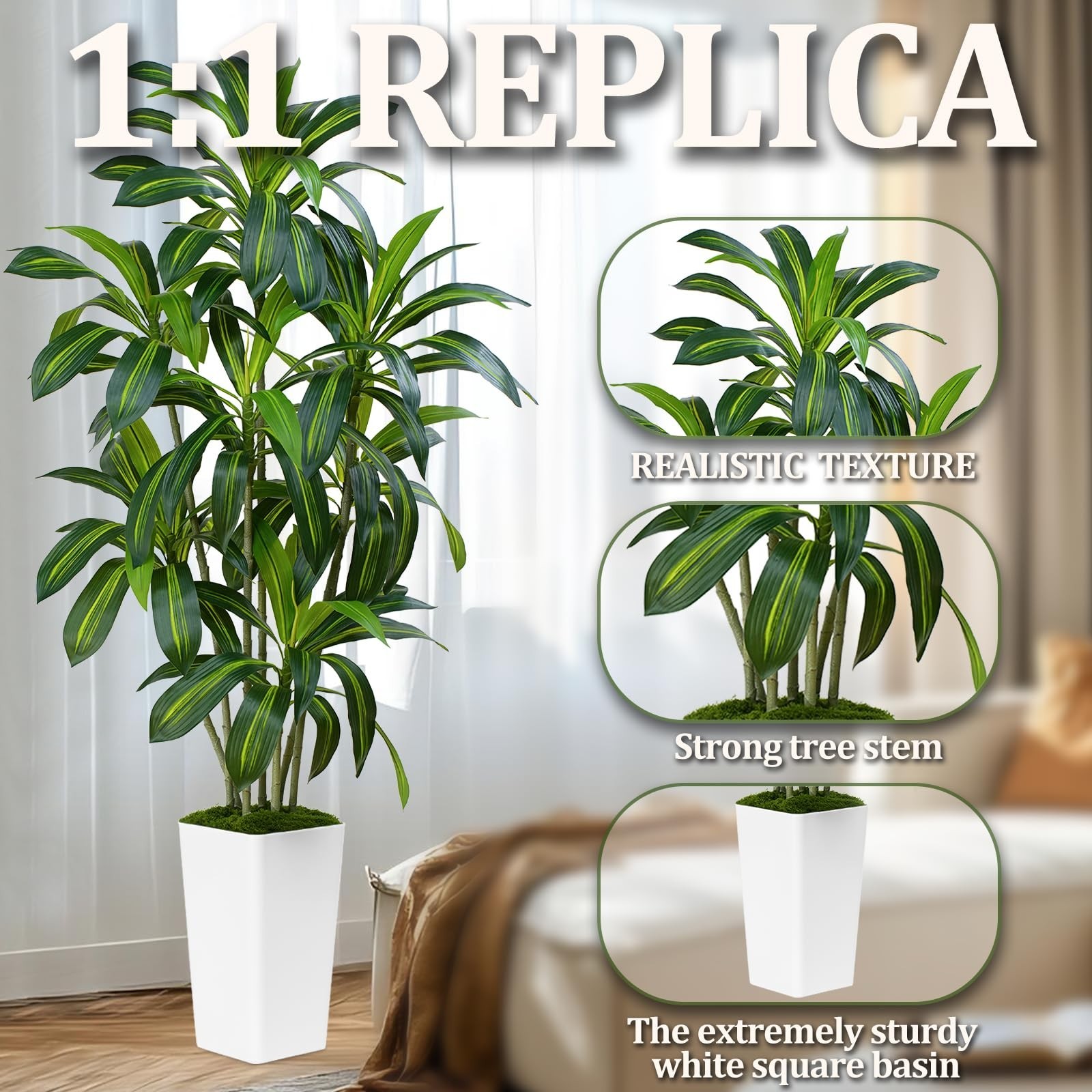 ZEEOZE Dracaena Artificial Tree 7Ft Tall White Planter Real Touch
