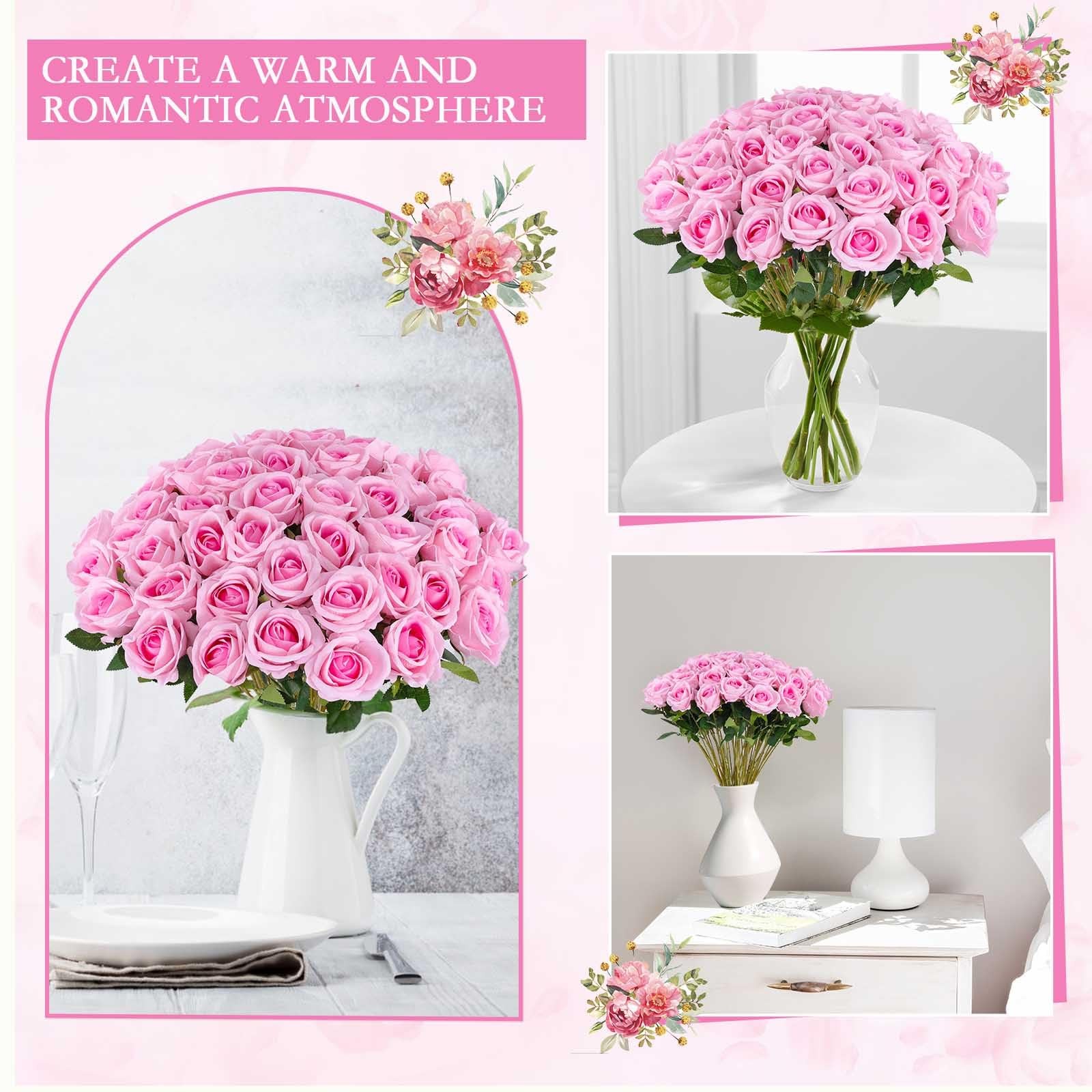 50 PCS Pink Artificial Roses Bulk Fake Silk Flowers For Wedding Centerpieces
