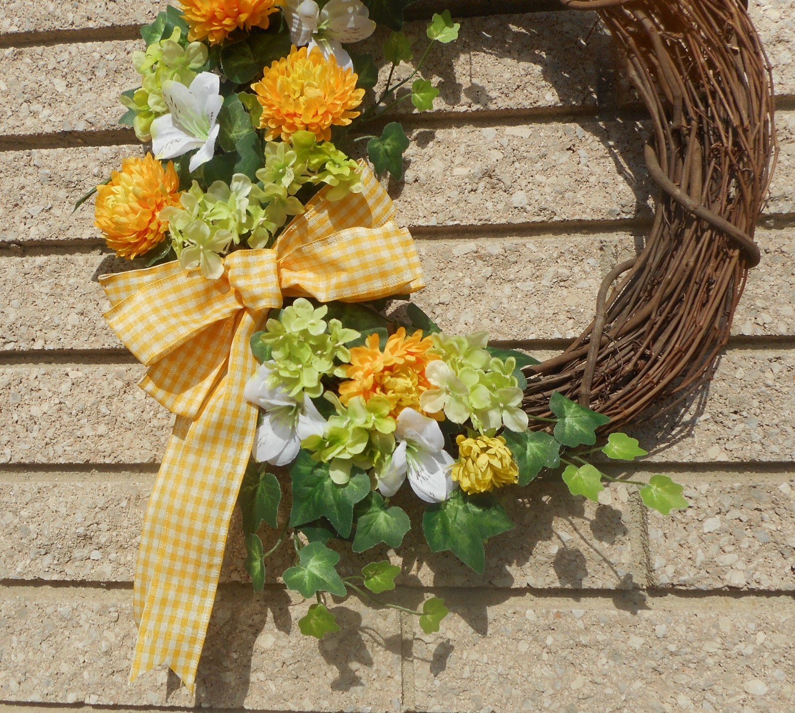 17″ Yellow Mum Green Hydrangea White Floral Spring Summer Grapevine Door Wreath