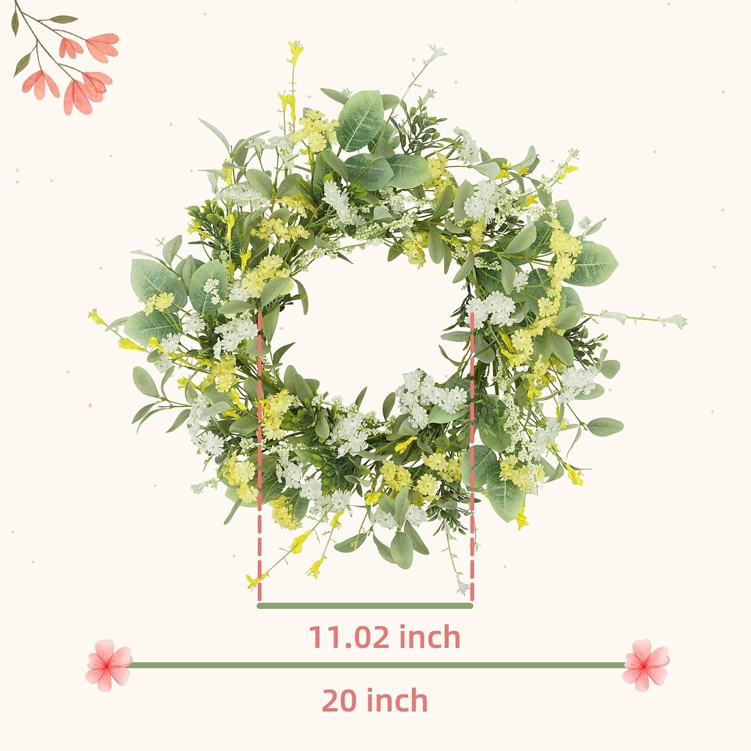 Spring Summer Wreath for Front Door 20 Inch Artificial Floral Daisy Eucalyptu…