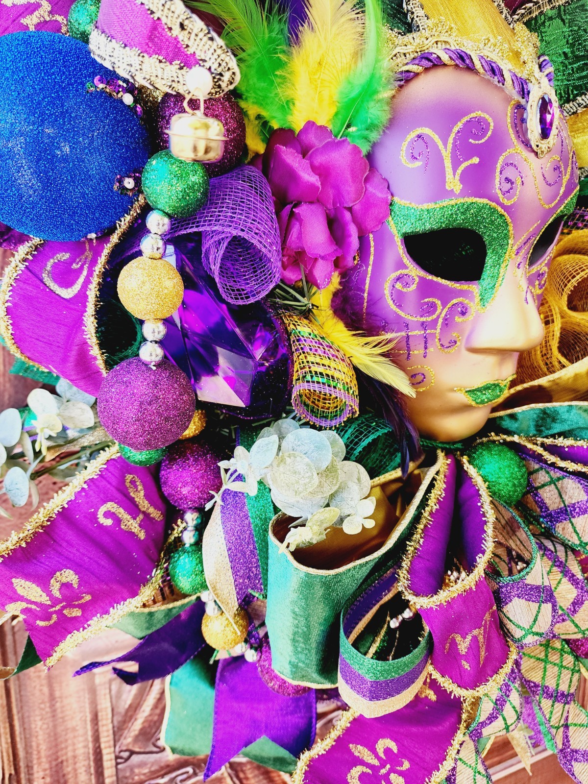 Mardi Gras Wreath, Front Door Wreath, Mardi Gras Mask Wreath, Handmade Wreath