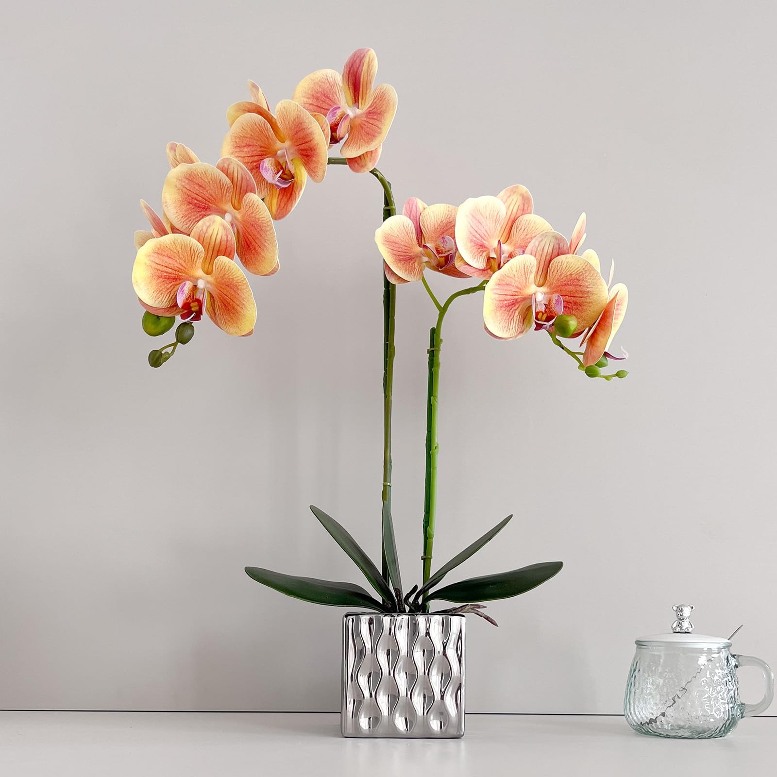 20 Inch Orange Artificial Faux Orchid Silk Flower Arrangement Silver Vase