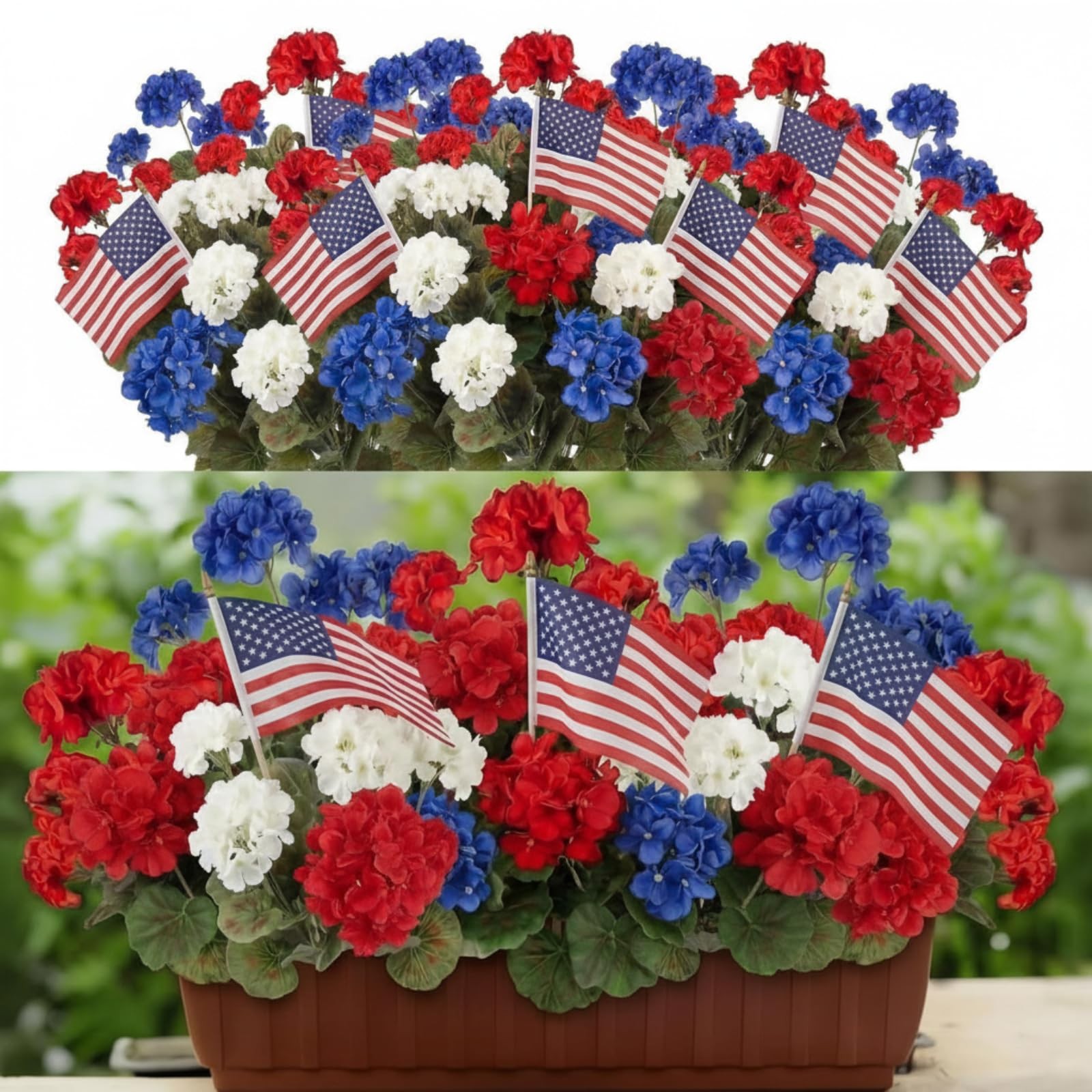 12 pcs Red White Blue Artificial Geraniums with Flag for Decoration