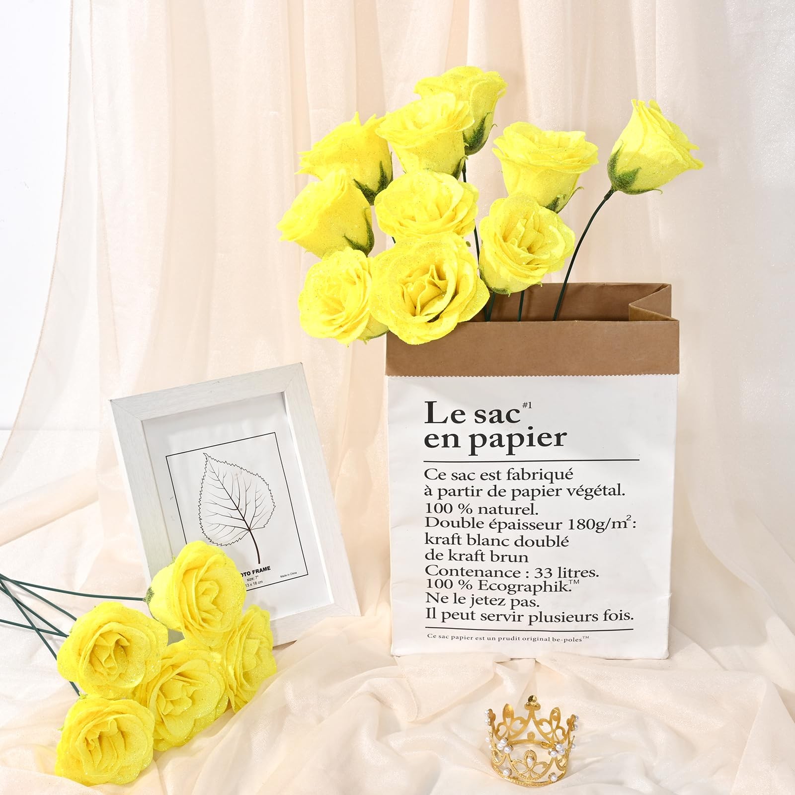 36 Yellow Glitter Roses Bouquet, DIY Fake Flowers, Everlasting, Valentines, Gift