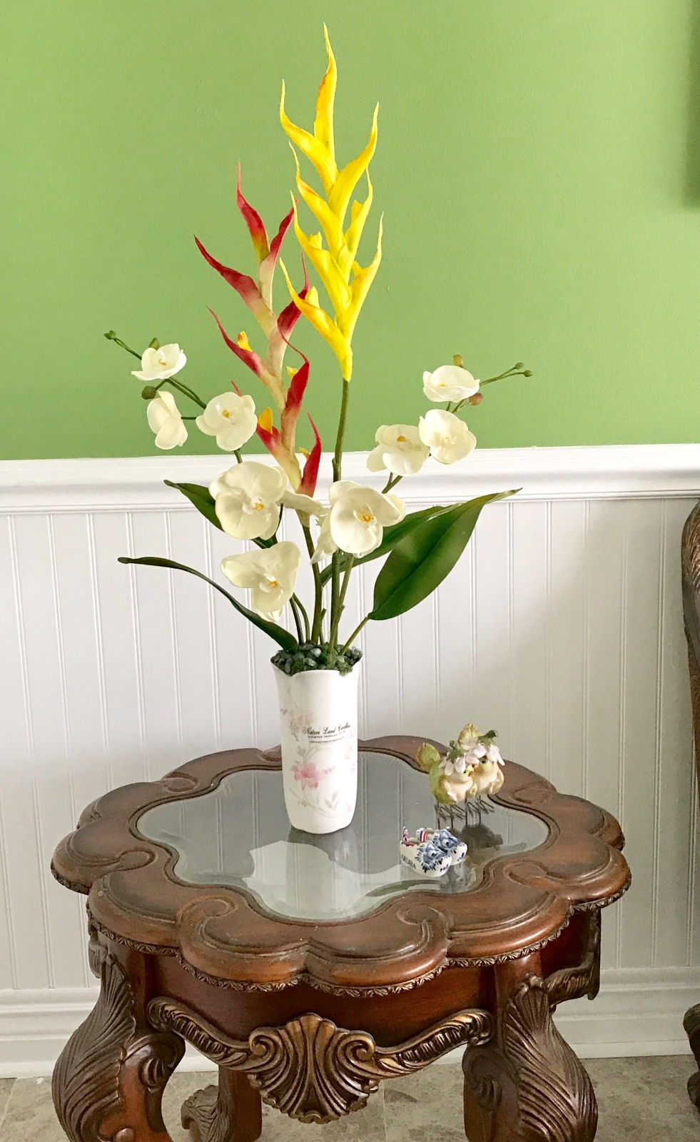 Silk White Orchids with Yellow and Red Dragon Floral Arrangement