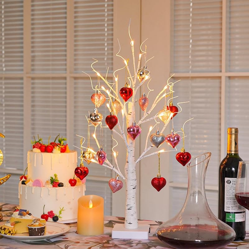 24 Inch Lighted White Birch Tree | Valentines Day Tabletop Decor with Hanging…