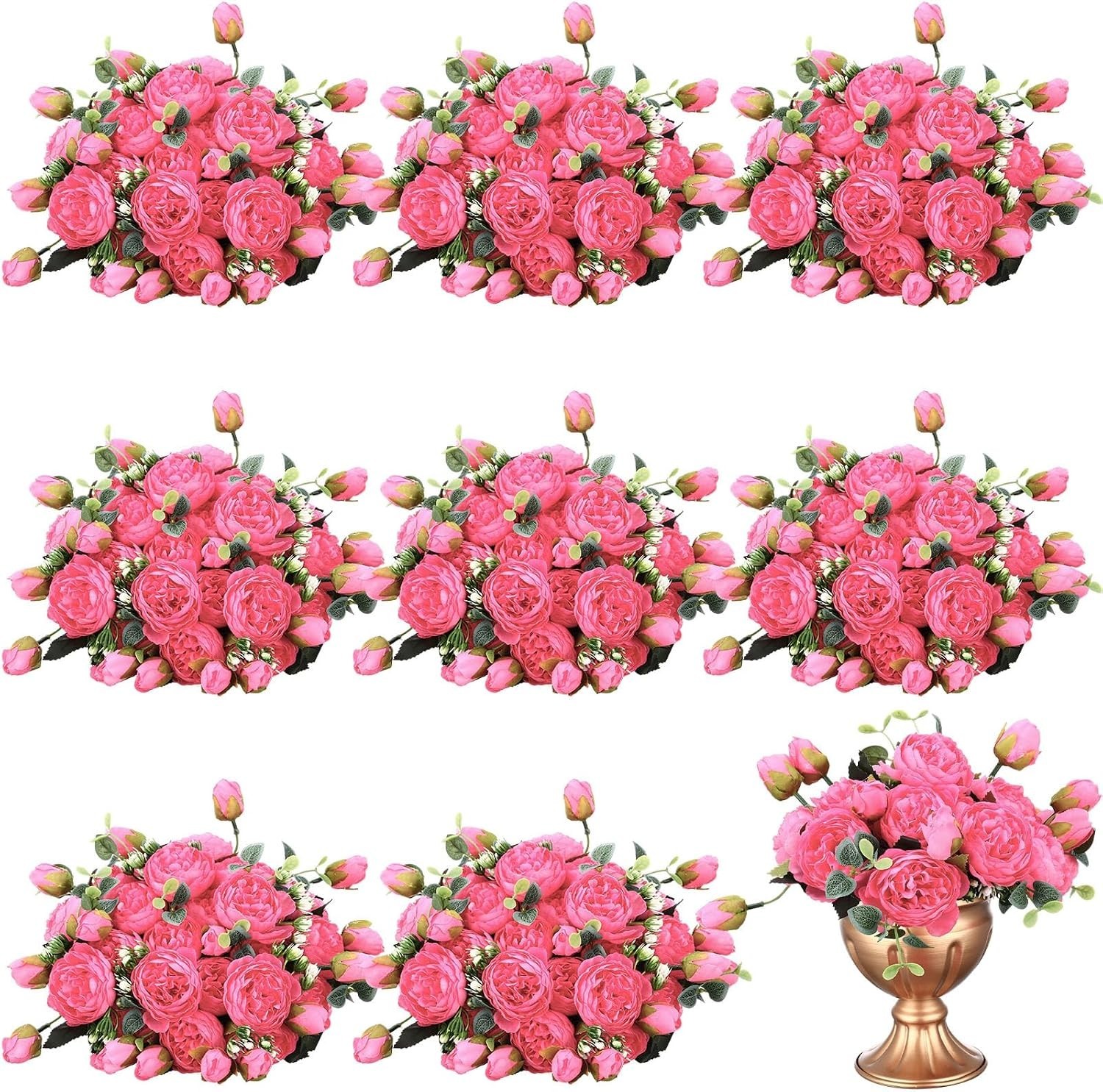 22 Hot Pink Artificial Peony Flowers Silk Wedding Bouquet Faux Floral Centerpiec