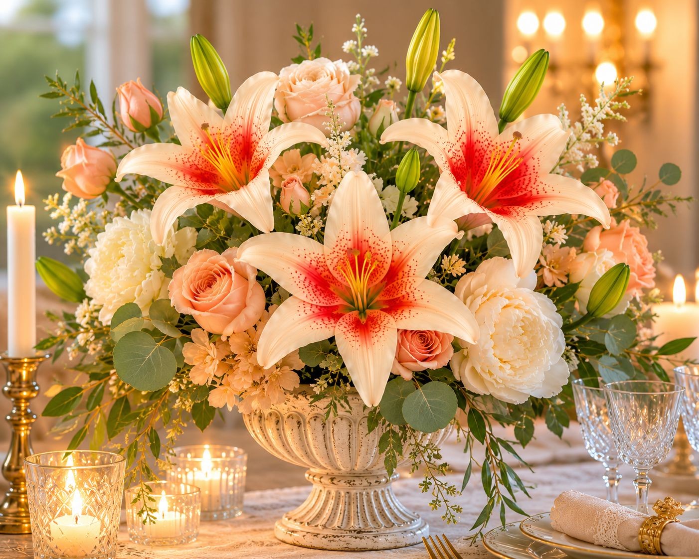 Real Touch Coral Peach Lily Stems Set of 2, Artificial Lily Flowers, Faux Floral