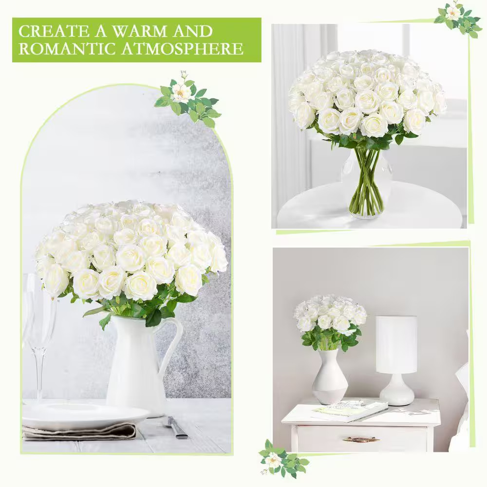 50 Pcs Realistic White Velvet Silk Artificial Roses for Wedding Centerpieces and