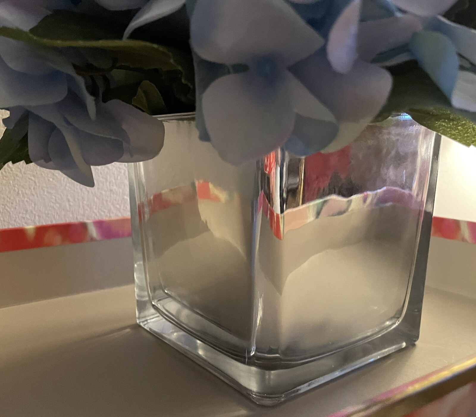 NWOT 10” Faux Blue Hydrangea Arrangement in Silver Mercury Glass Vase Lovely!