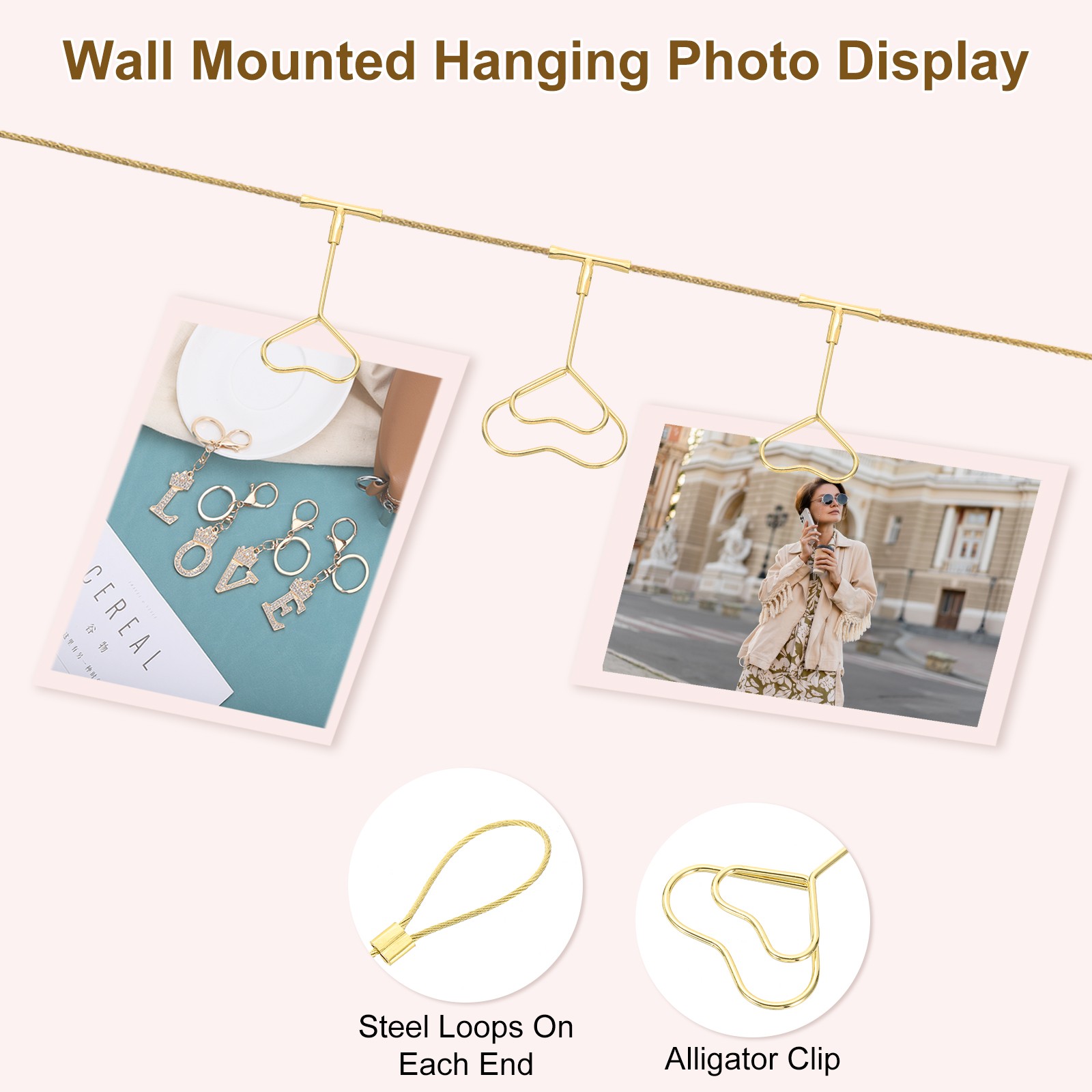 5Ft Wall Hanging Photo Display Cable Wire Rod with 12 Heart Clips, Gold