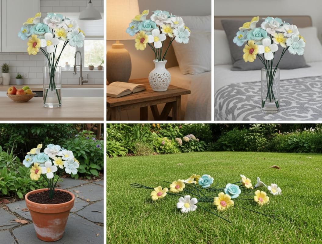 12 Pcs Handmade Ceramic Flowers Decor,Porcelain Flower Plant stakes for Outdo…