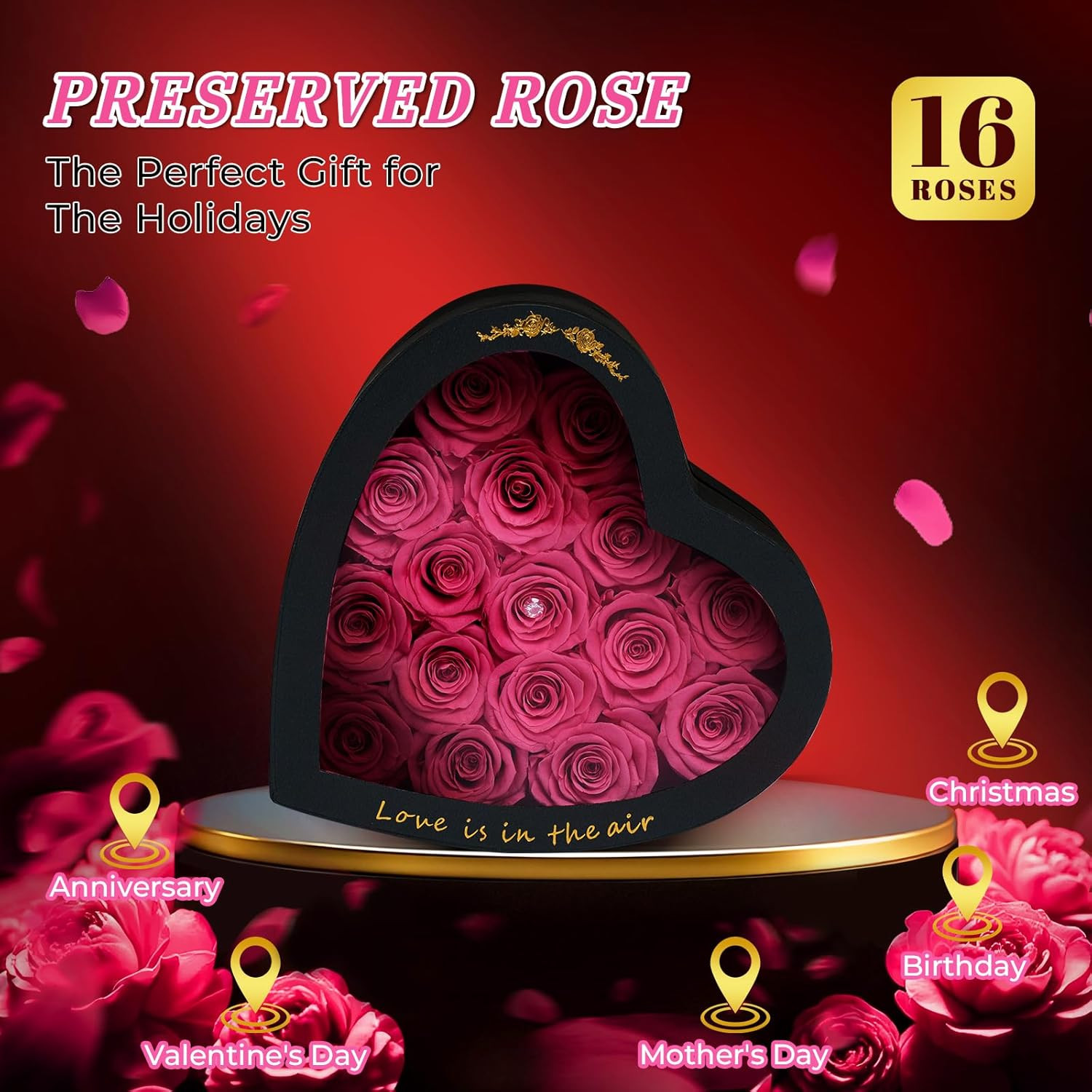 16 Pieces Forever Flower Heart Shape in a Box Preserved Pink Roses for Delivery