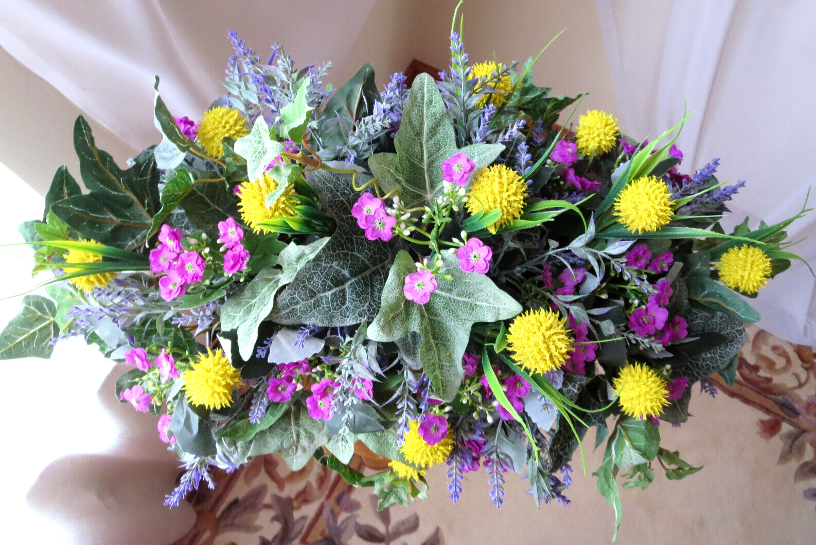 SPRING ARRANGEMENT ARTIFICIAL SILK/PLASTIC FLOWERS IN IRON CONTAINER 22″x14″ NEW