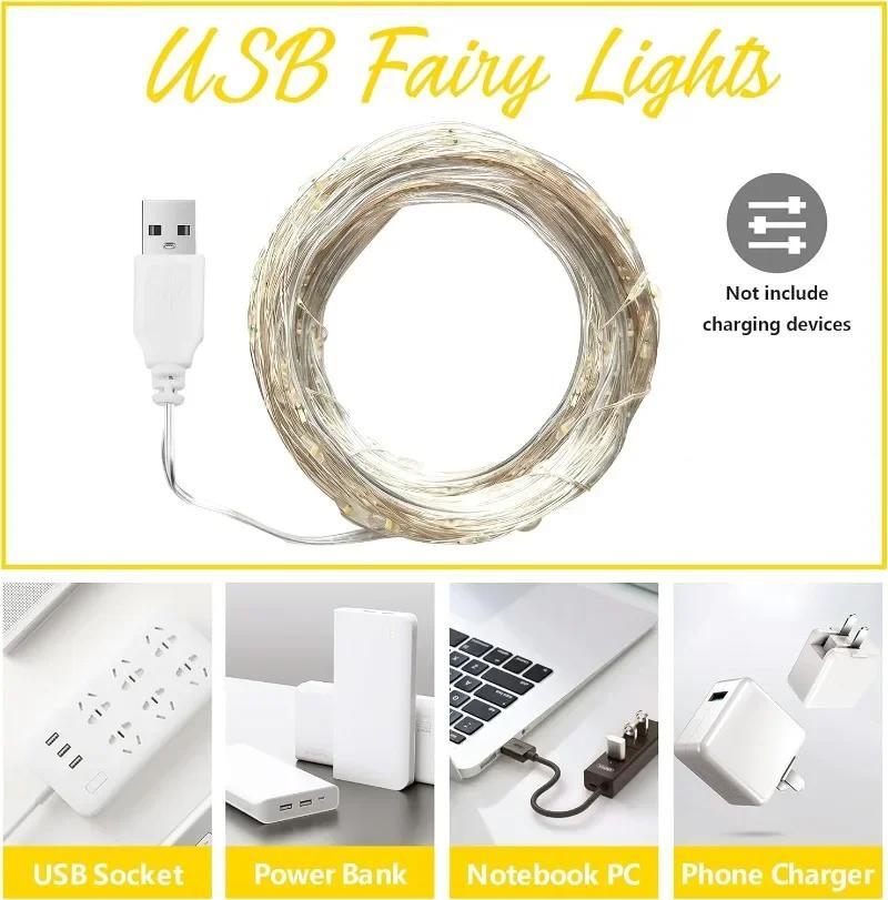 USB LED String Lights Silver Wire Garland Light Waterproof Fairy Lights