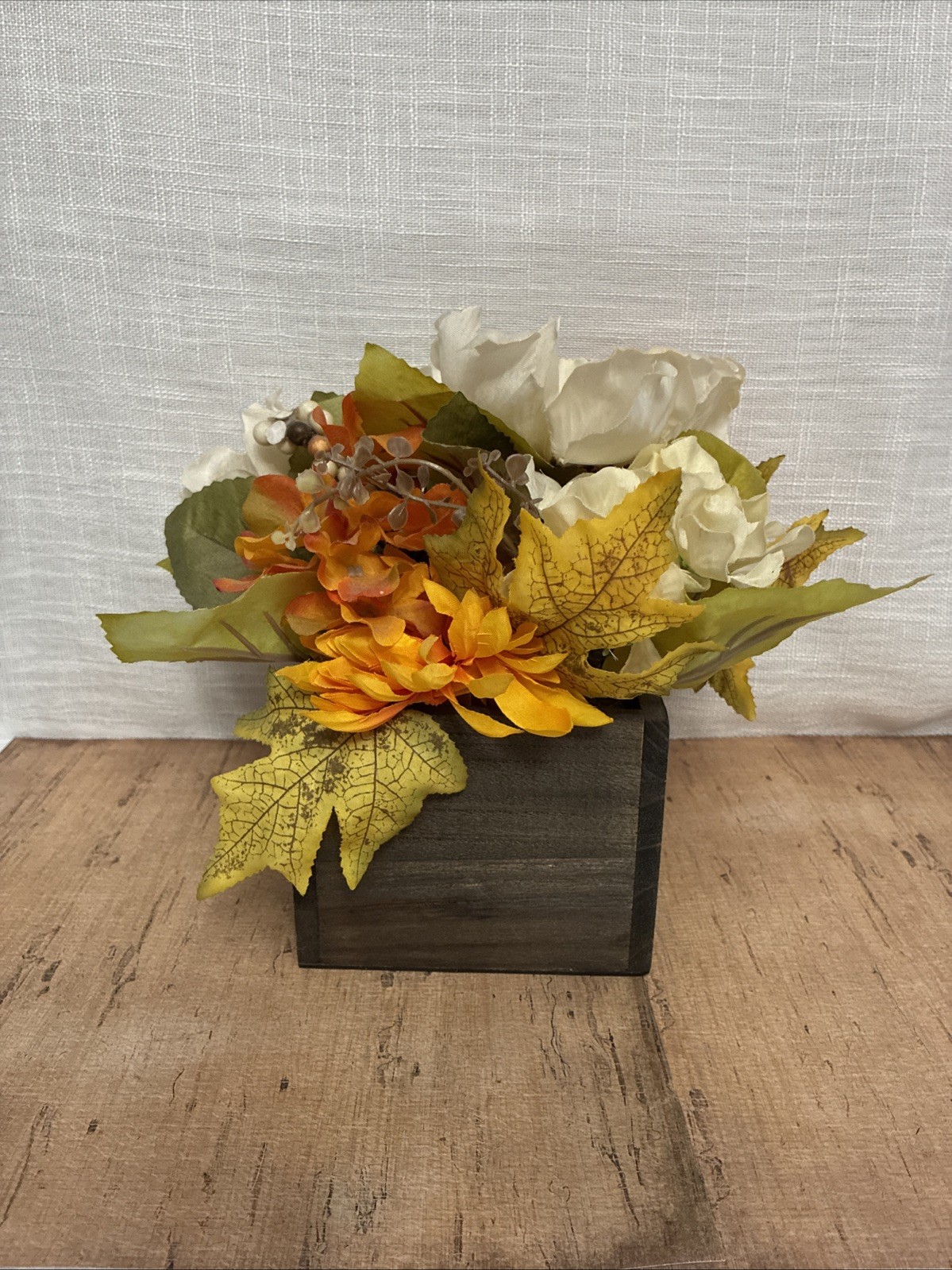 Faux Floral Arrangement In Wood Box Multicolor White, Yellow, Orange 5” Box 9”T