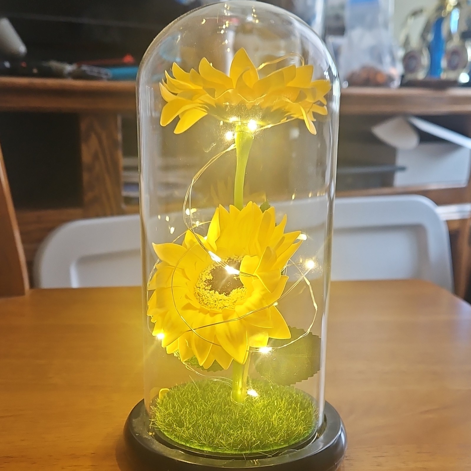 Artificial Sunflower Flower Arrangement Glass Dome Display w/ String Lights