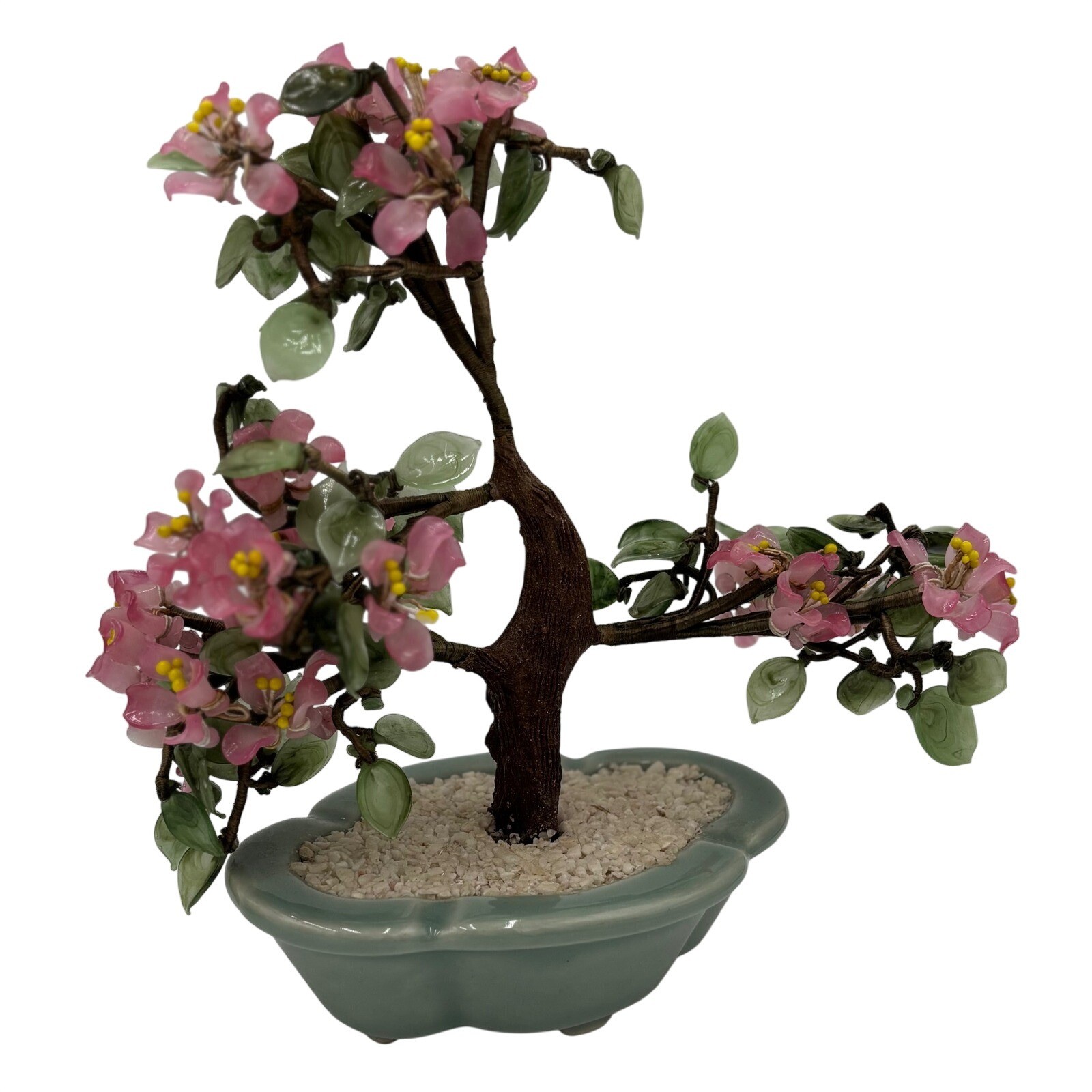 2 Vintage Artificial Bonsai Tree Set Juniper and Flowering Glass Cherry Blossom