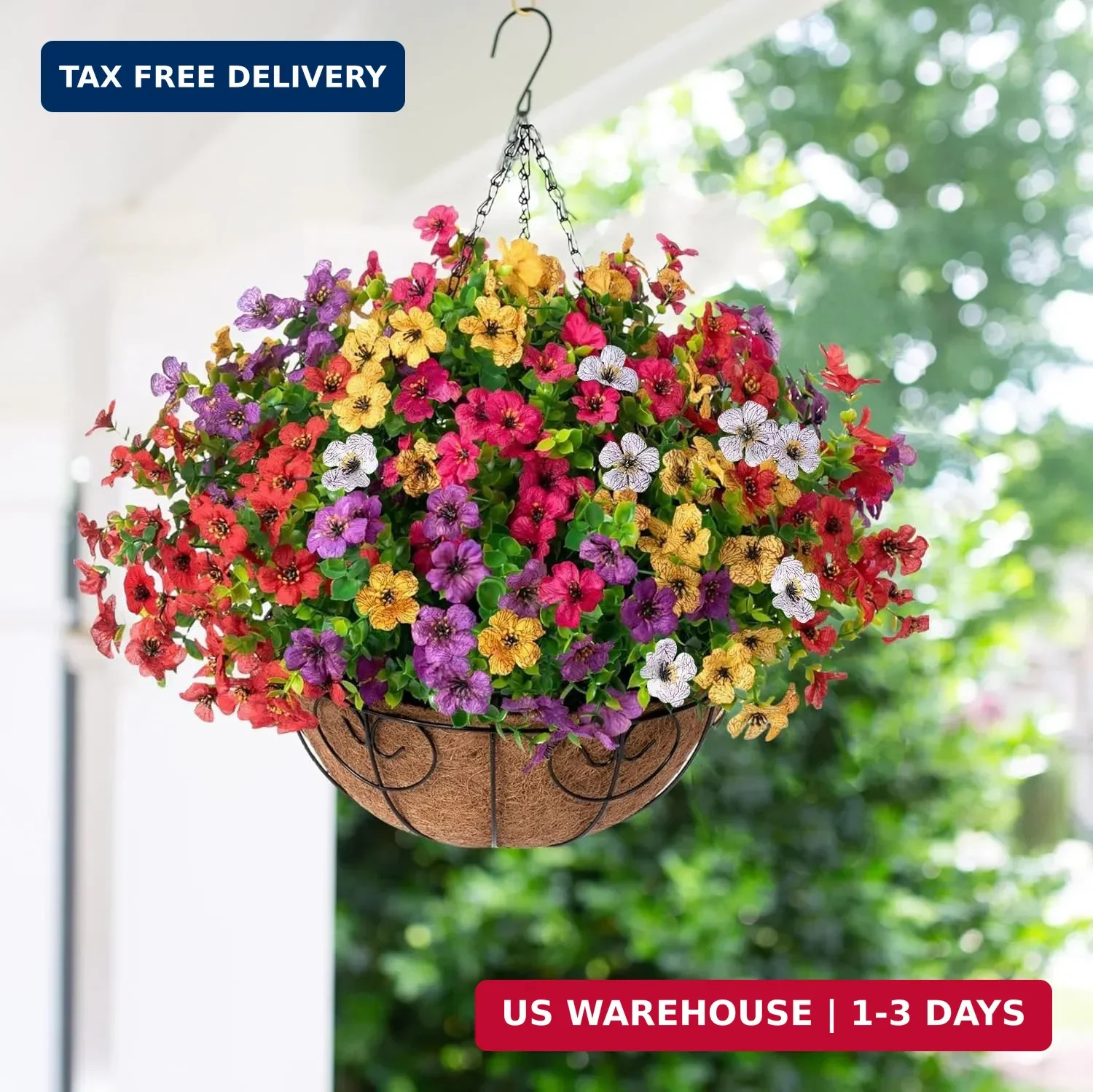 HyeFlora Artificial Faux Hanging Plants Flowers Basket for Summer Outdoor Outsid