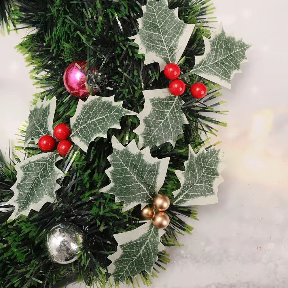 10/50pcs Artificial Holly Berries With Green Leaves DIY Christmas New Year Decor