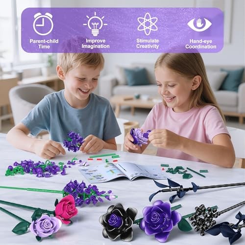 Purple Rose Building Blocks Set for Kids, 701PCS Flower Bouquet Toy, DIY