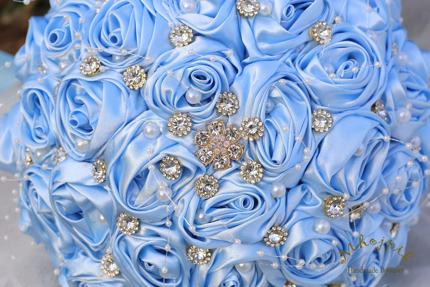 6.3 Inch Light Blue Artificial Rose Bling Bridal Wedding Throw Bouquet